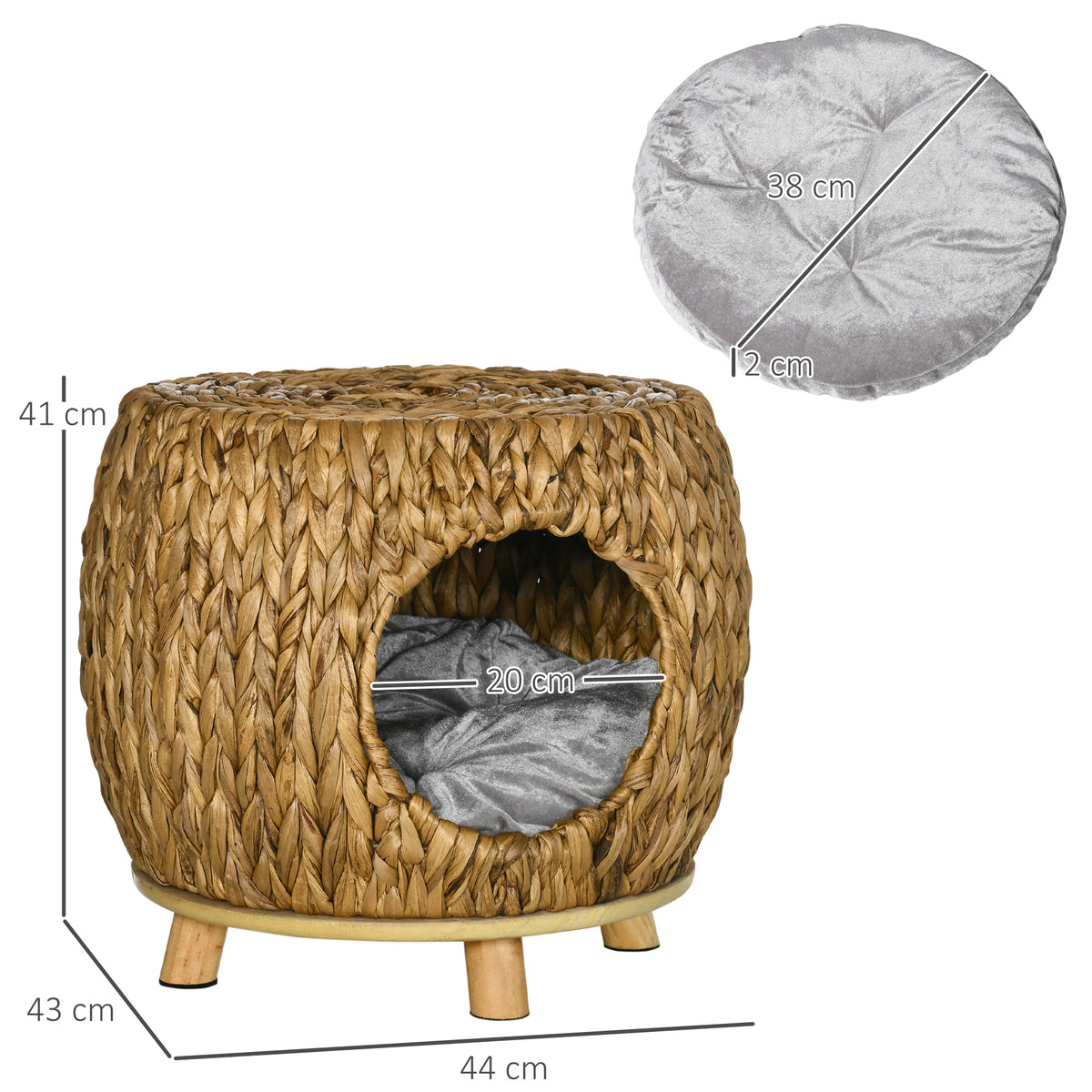 PawHut Wicker Cat Bed Cat House Stool with Washable Cushion, 44 x 43 x 41cm PawHut