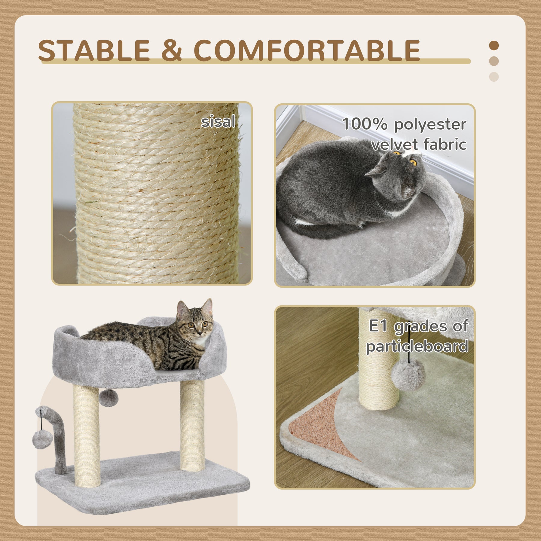 Indoor Cat Tree: Compact Activity Centre with Sisal Scratching Post & Toy Balls, Light Grey