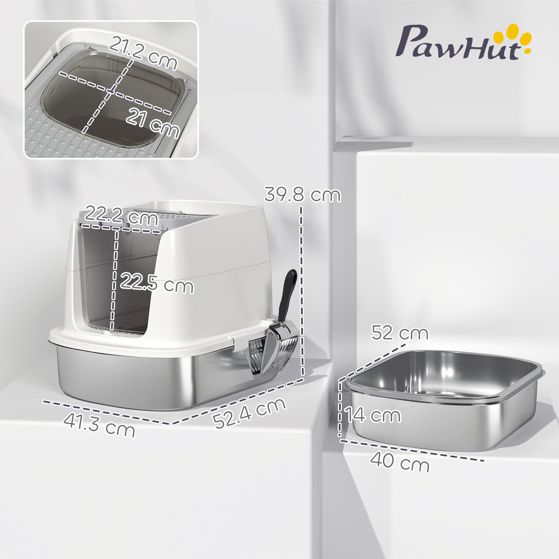 Large Stainless Steel Litter Box, Enclosed Metal Cat Litter Tray with Scoop & Deodoriser Bag, Front-Entry & Top-Exit
