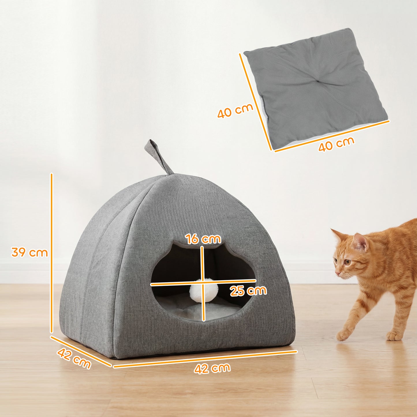 Cat Cave Bed for Indoor Kittens, Cat House with Removable Cushion and Teaser Ball, Kitty Igloo with Anti-Slip Base, Grey