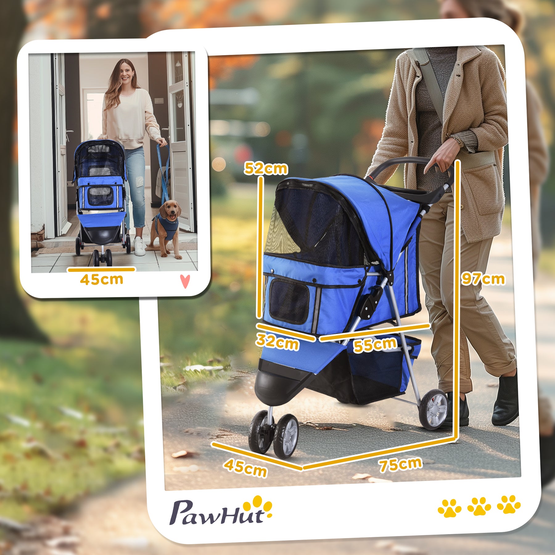 Dog Pram Cat Stroller Dog Stroller with Cup Holder, Bottom Storage Pocket & Zipper to Keep Your Pet Securely Strapped in, Blue
