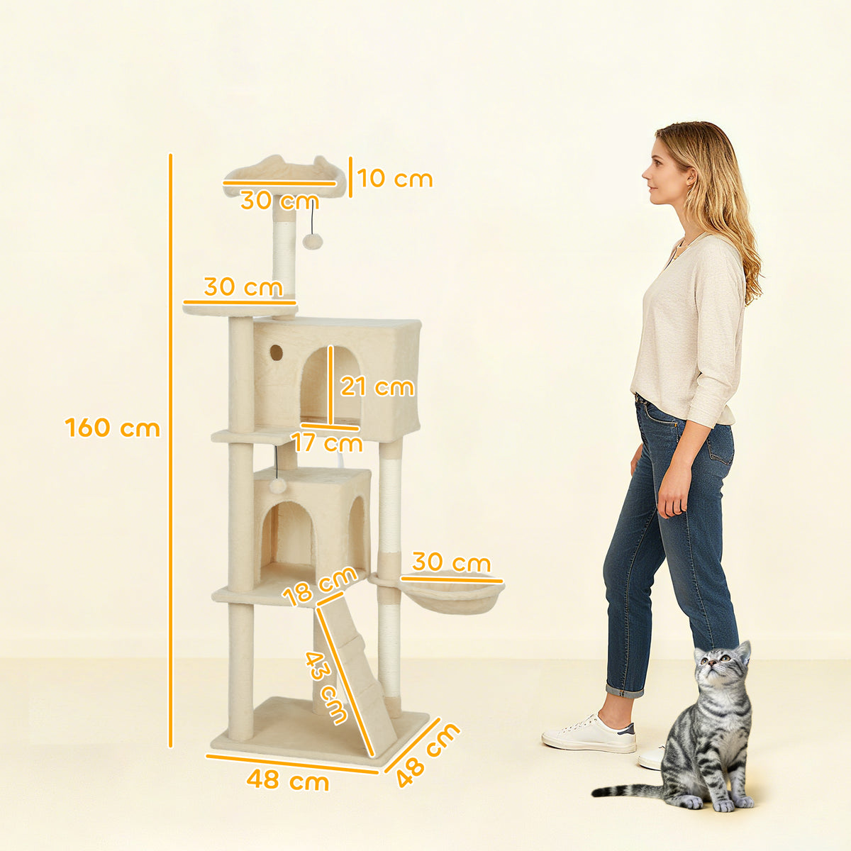 PawHut 160cm Large Cat Tree Tower with Sisal Scratching Posts, Condos, Plush Perches, Hammock, Ladder, Beige PawHut