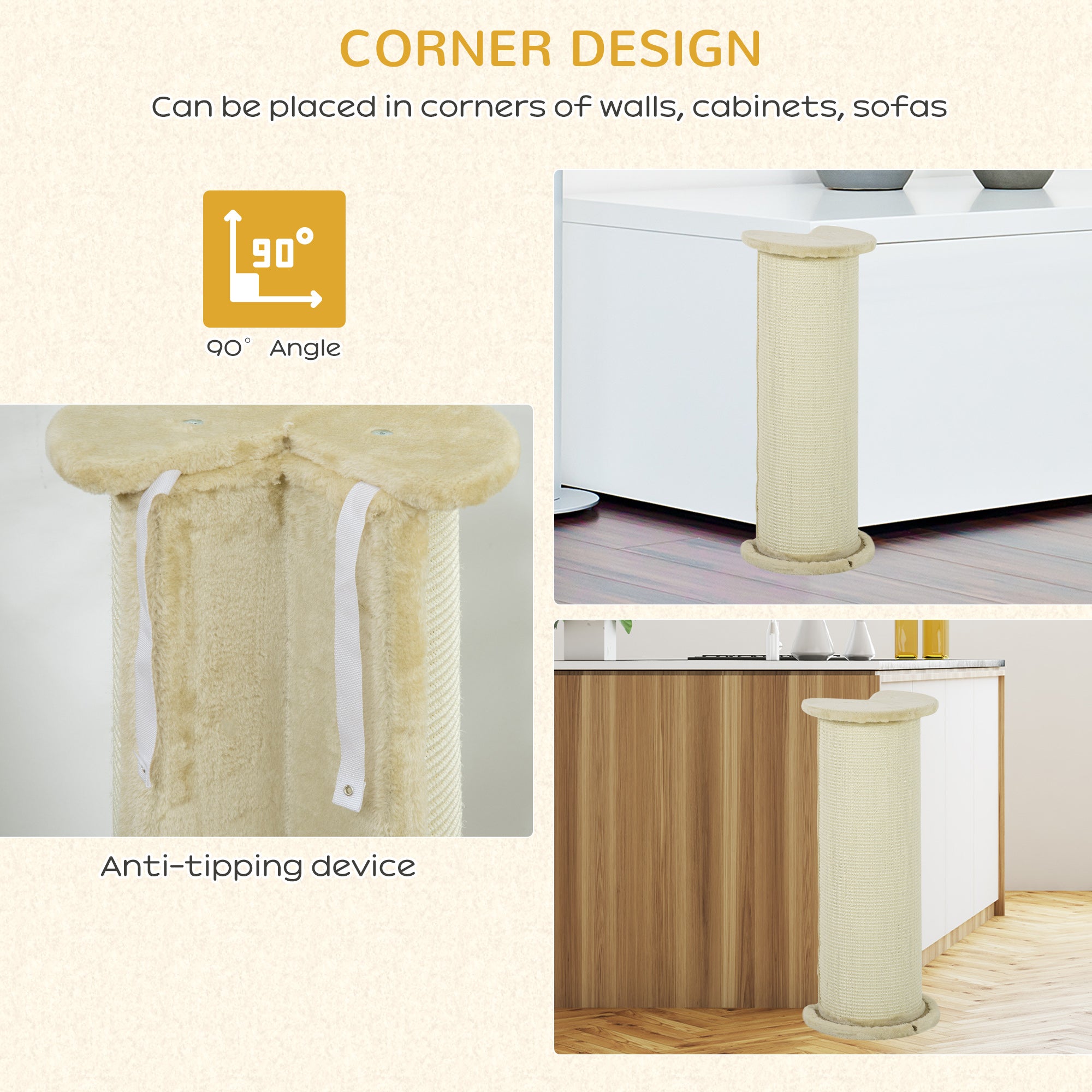 Cat Scratching Post: 85cm Tall with Sisal Rope, Soft Plush Cover, Anti-Tip Design for Indoor Use, Beige