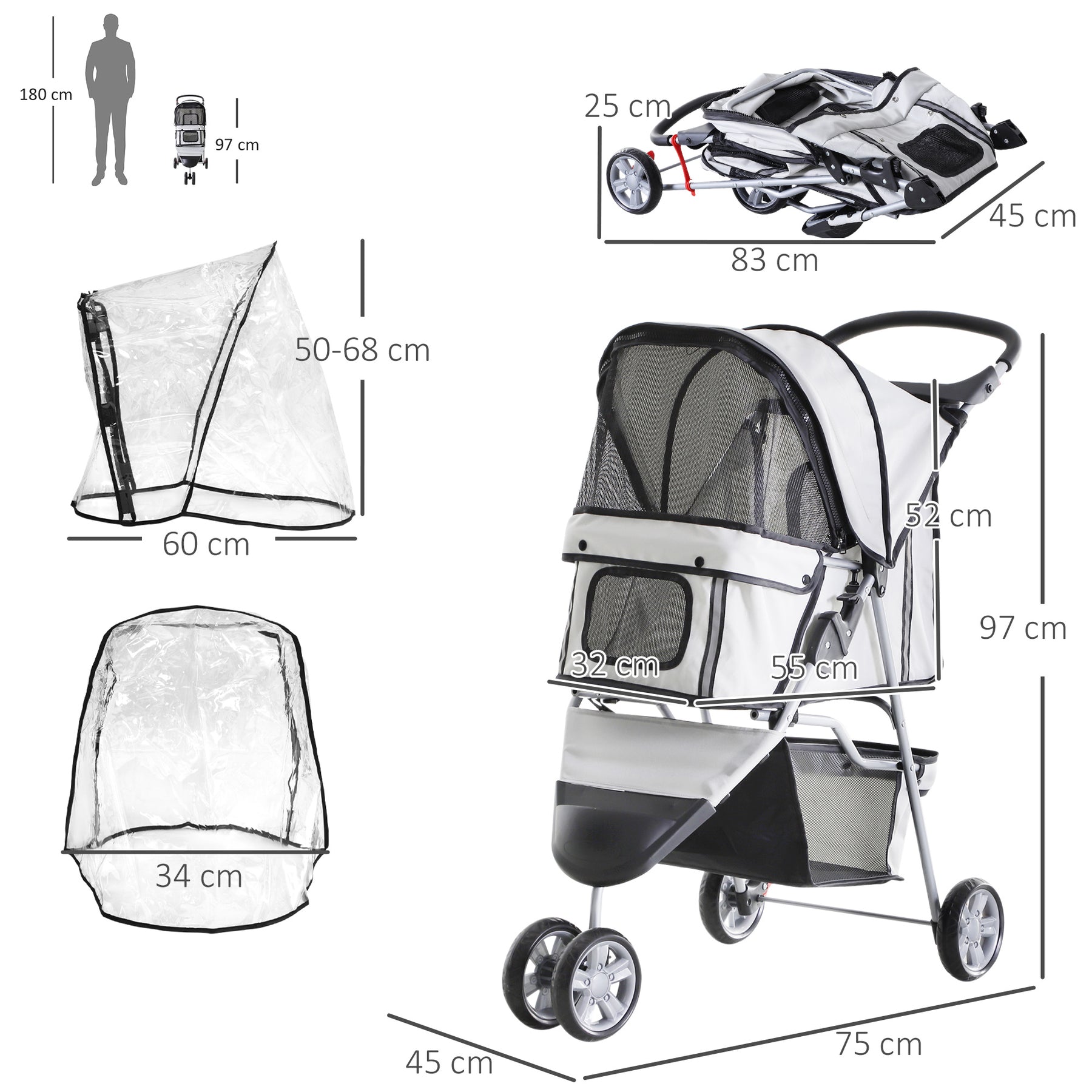 Small Dog Stroller with Cover, Folding Cat Pram Pushchair with Cup Holder, Storage Basket, Reflective Strips, Grey
