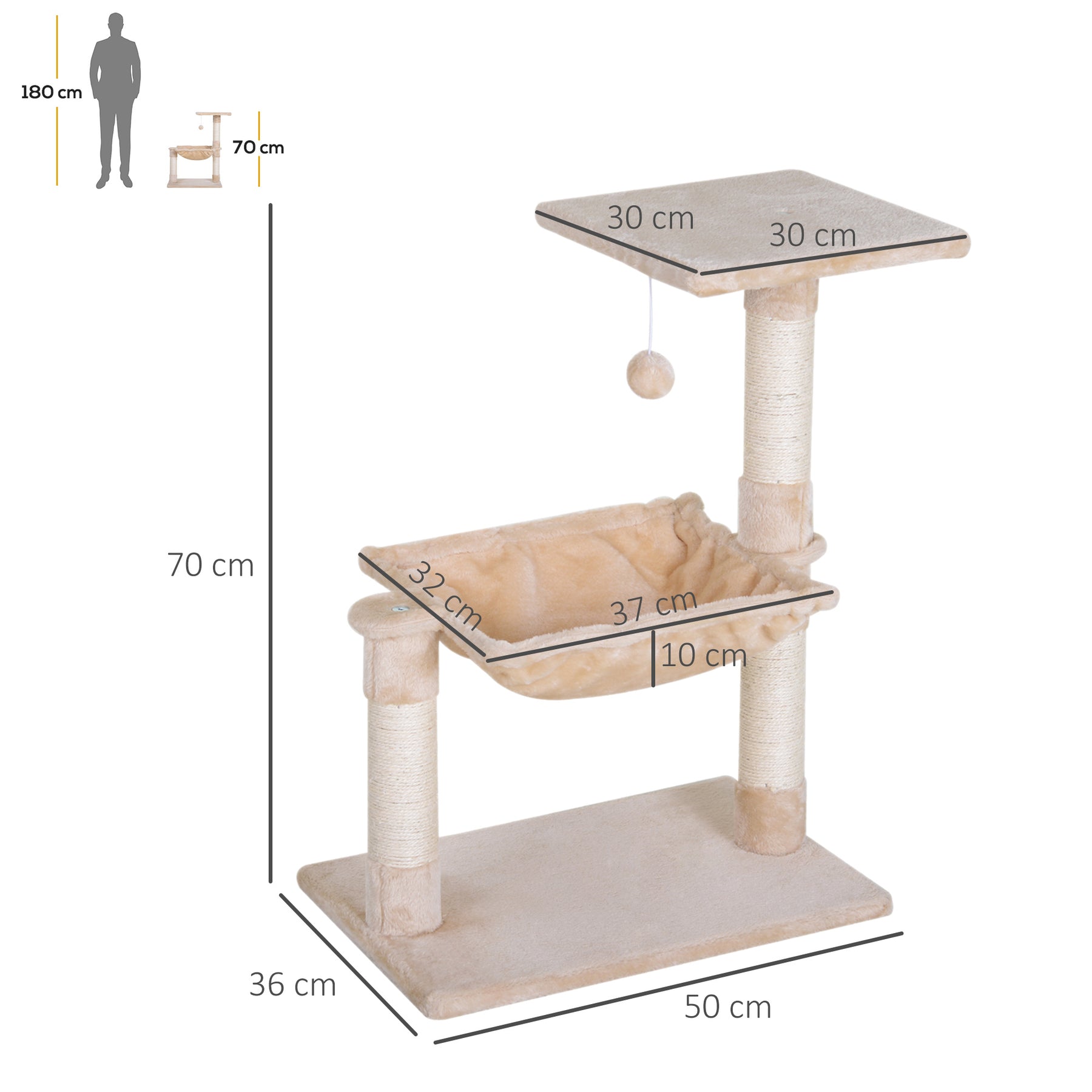 2-Tier Cat Tree with Hammock Bed, Natural Sisal Scratching Post & Dangle Toy, Pet Scratch Stand