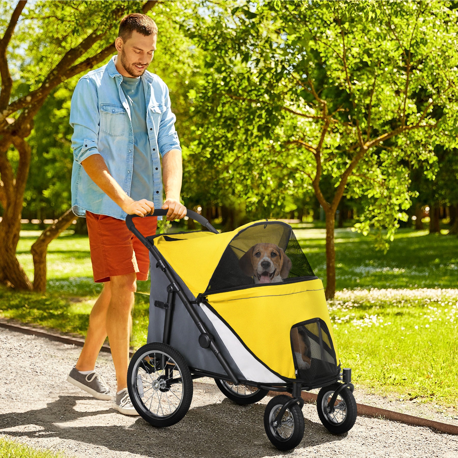 Foldable Pet Stroller with Washable Cushion, Storage Bags, Safety Leash for Medium and Large Dogs Cats Travel, Yellow