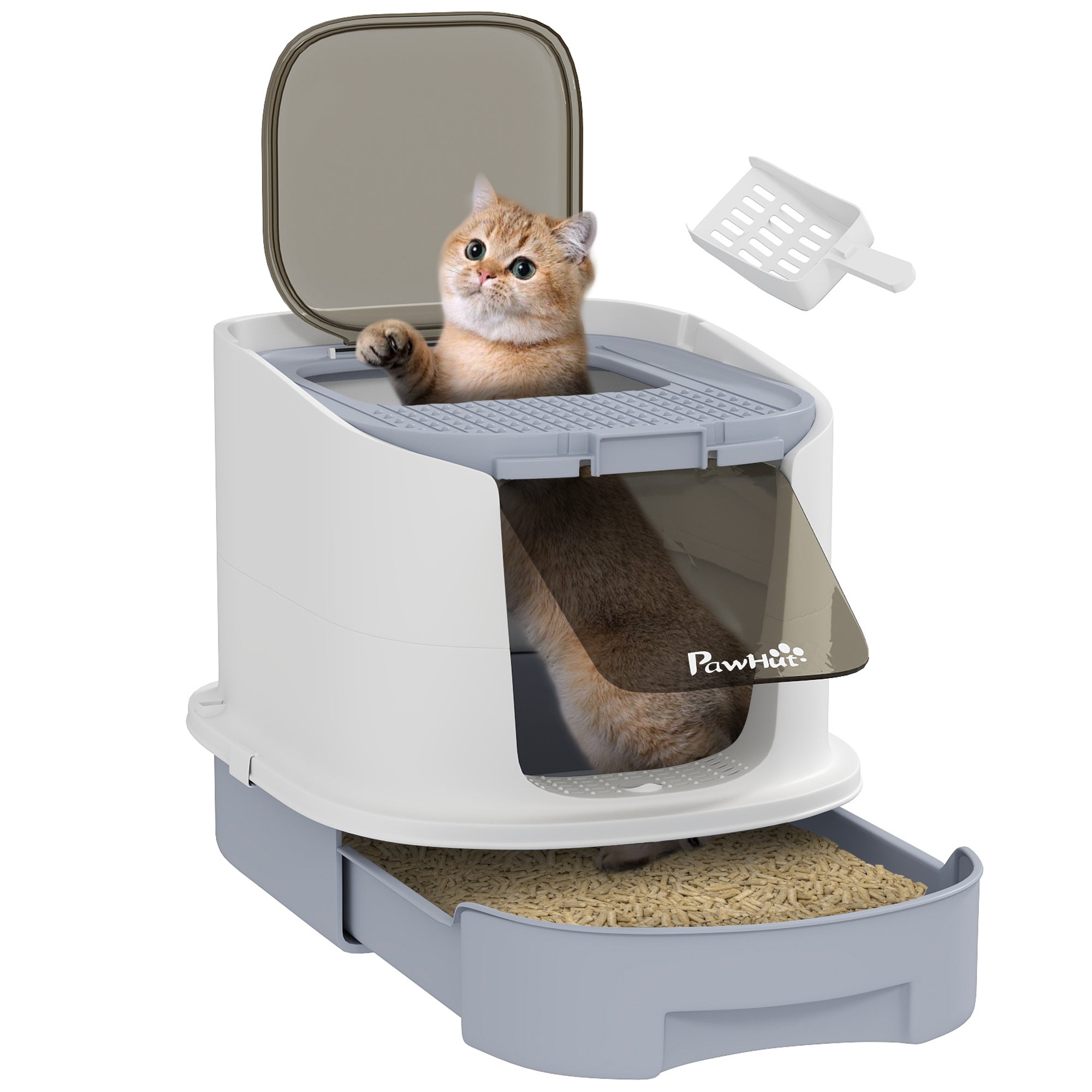 Cat Litter Box with Lid, Scoop, Deodorization Bags, Top Entry, Cat Toilet Easy Clean with Drawer Pan, Grey