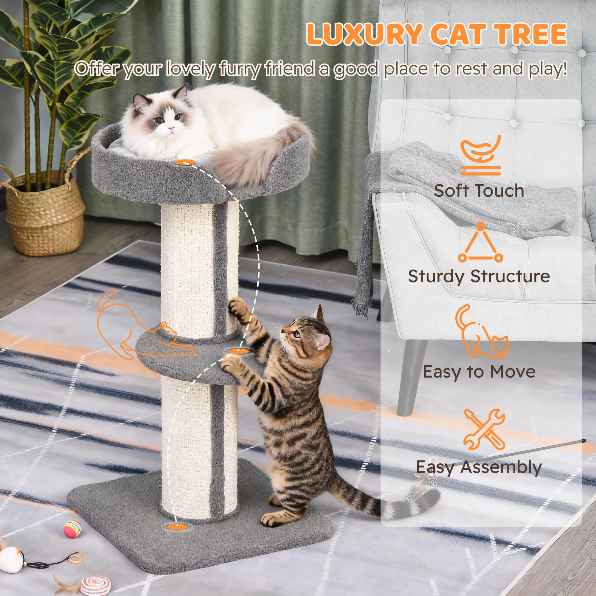 Cat Tree with Sisal Scratching Post, Cat Tower Kitten Activity Center climbing frame with large platform Lamb Cashmere Perch, Grey