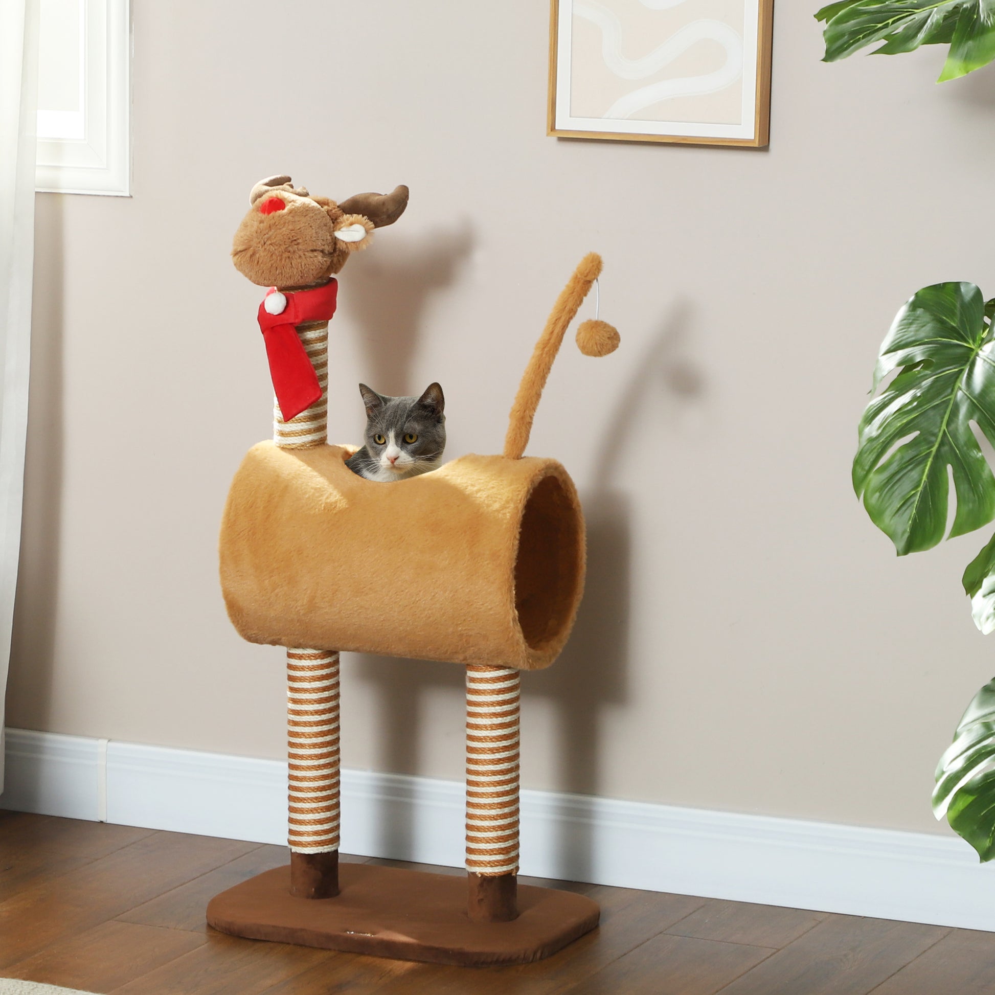 Deer Themed Cat Tree With Scratching Posts Toy Ball Tunnel Aosom UK