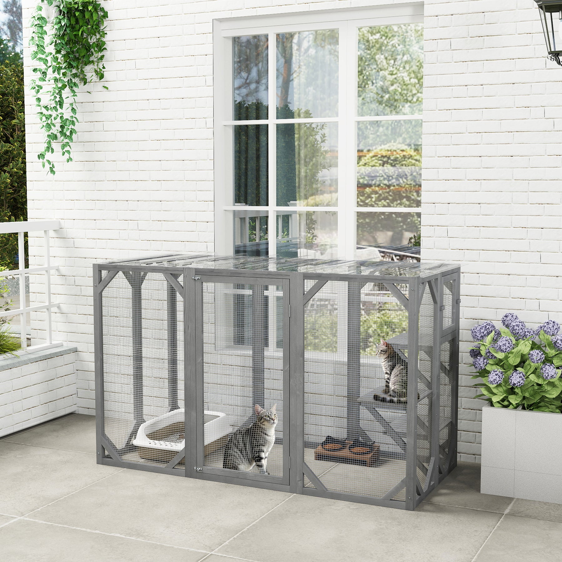 Outdoor Wooden Cat House with 3 Platforms, Large Door and Weatherproof Roof, for Multiple Cats, Grey