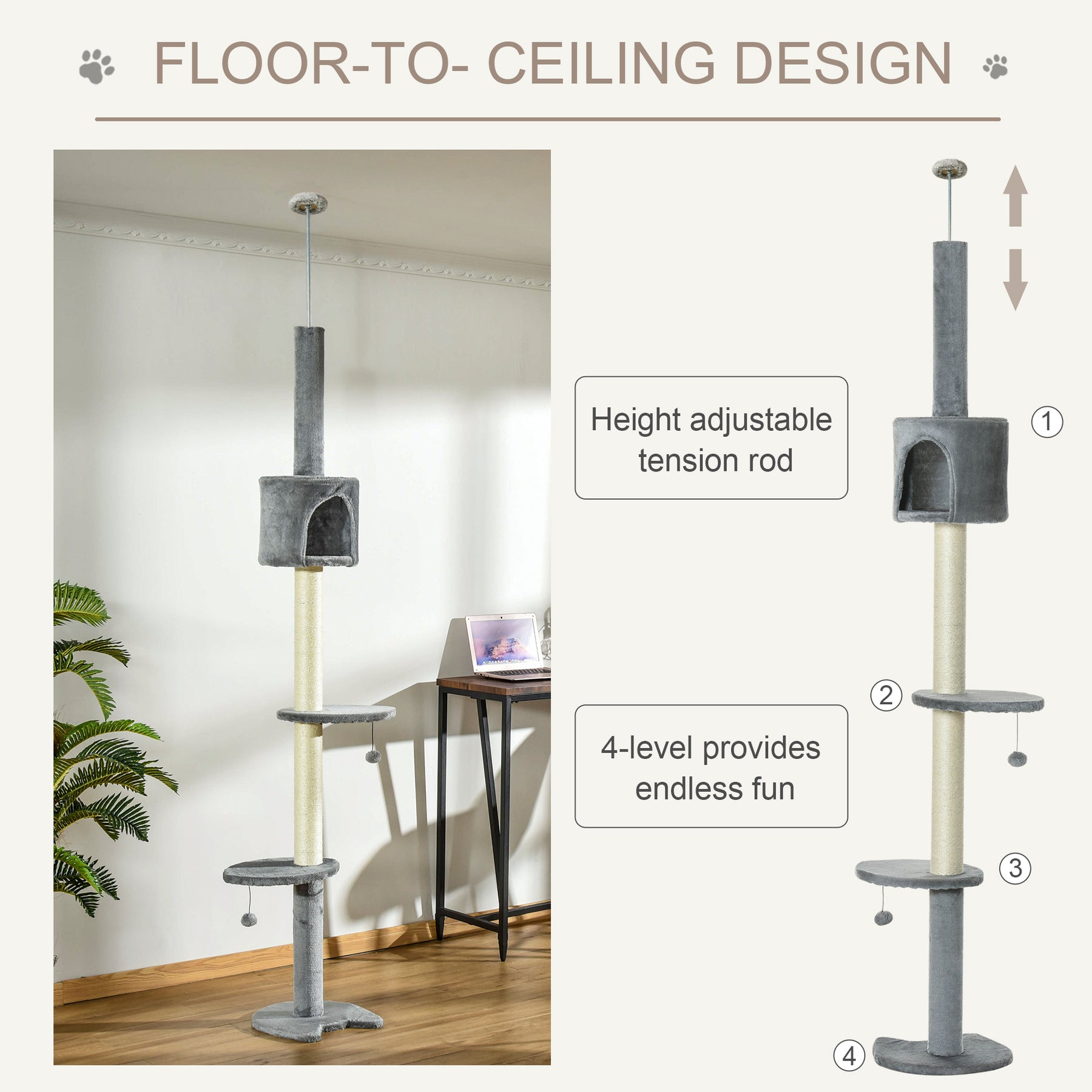 Multi-Level Cat Tree, Kitten Activity Tower, Condo, Indoor Play House with Scratching Post, Hanging Balls, Light Grey