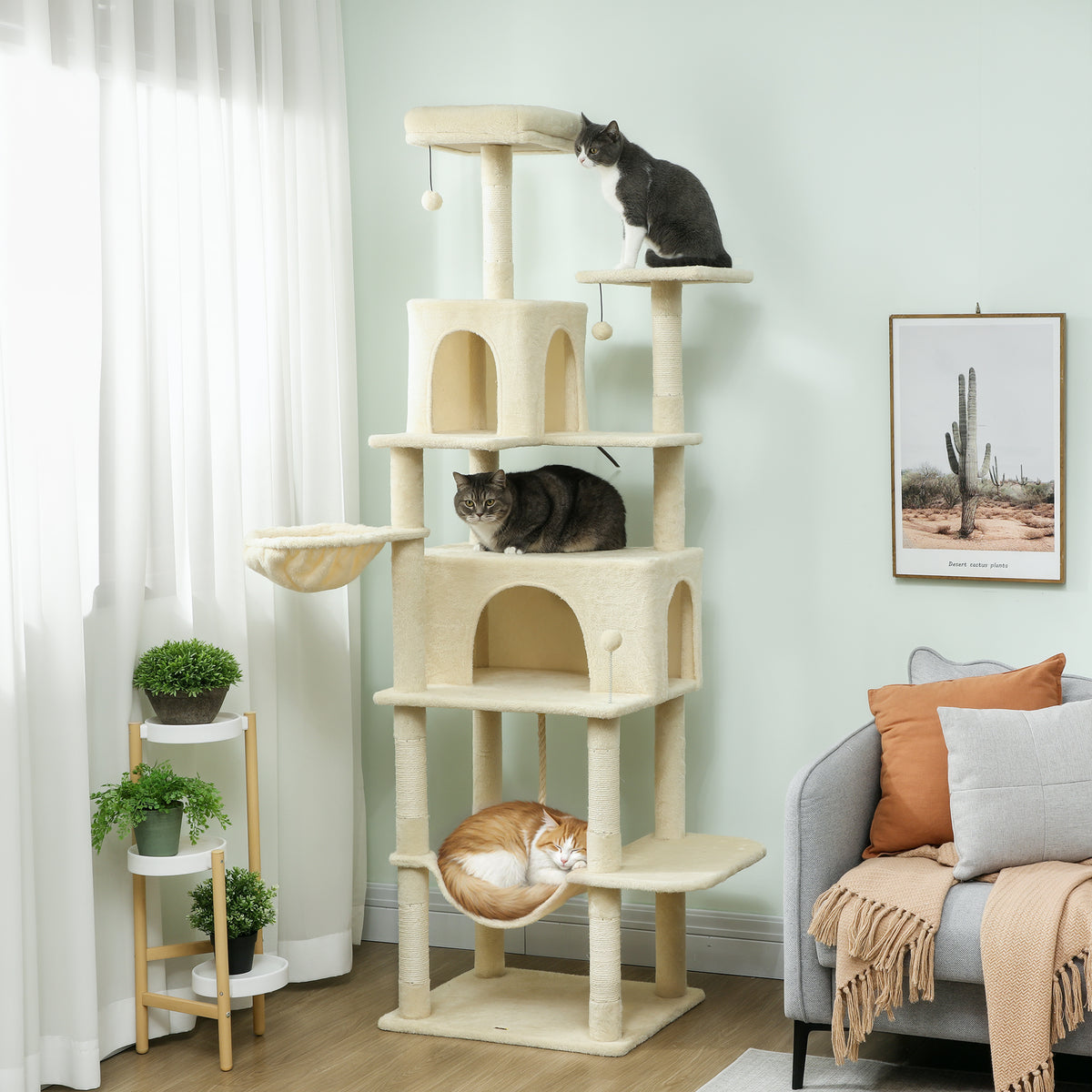 PawHut 202cm Cat Tree with 6 Scratching Posts, 2 Hammocks, 2 Condos, 2 Perches, Pompoms, for Cats to Rest and Play, Beige PawHut