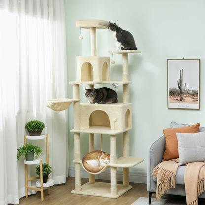 PawHut 202cm Cat Tree with 6 Scratching Posts, 2 Hammocks, 2 Condos, 2 Perches, Pompoms, for Cats to Rest and Play, Beige PawHut