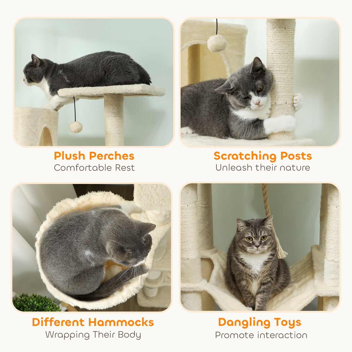 PawHut 202cm Cat Tree with 6 Scratching Posts, 2 Hammocks, 2 Condos, 2 Perches, Pompoms, for Cats to Rest and Play, Beige PawHut