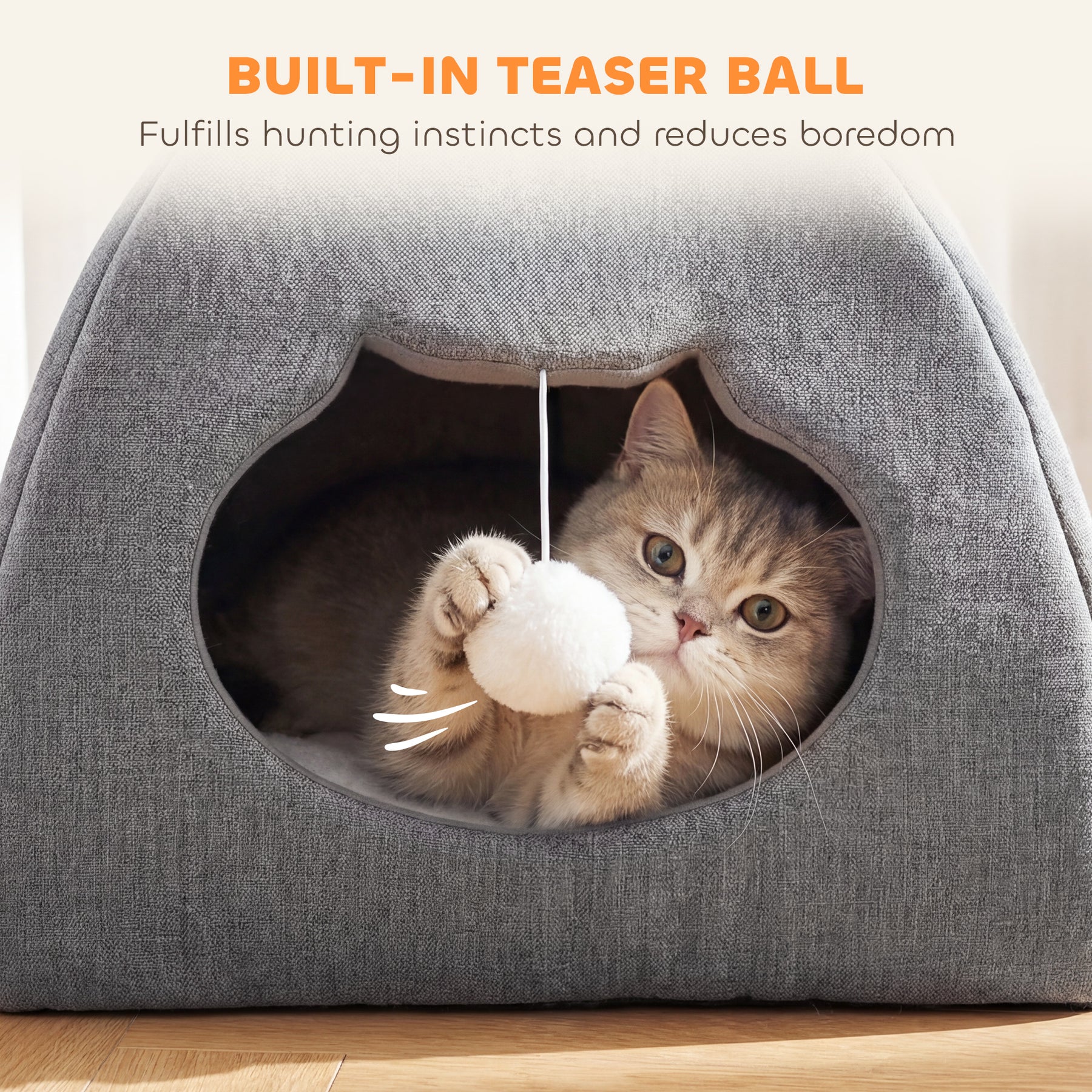 Cat Cave Bed for Indoor Kittens, Cat House with Removable Cushion and Teaser Ball, Kitty Igloo with Anti-Slip Base, Grey