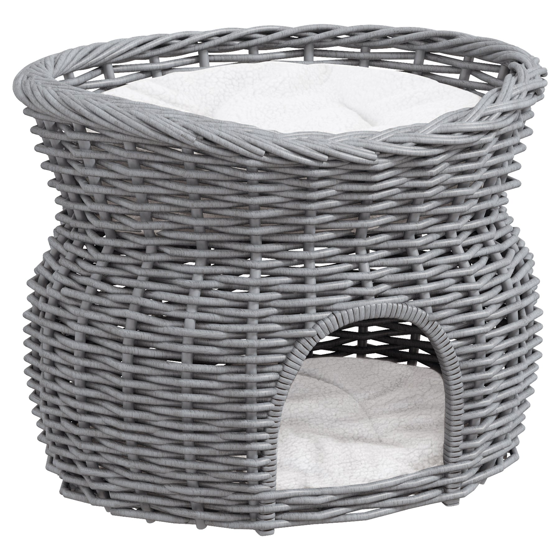 Wicker Cat House, 2-Tier Elevated Pet Bed Basket, Willow Kitten Tower with Washable Cushions, Grey