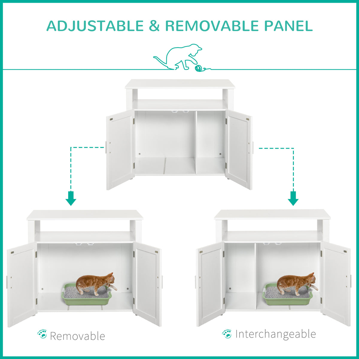 PawHut Wooden Cat Litter Box Enclosure Furniture with Adjustable Interior Wall & Large Tabletop for Nightstand, White PawHut
