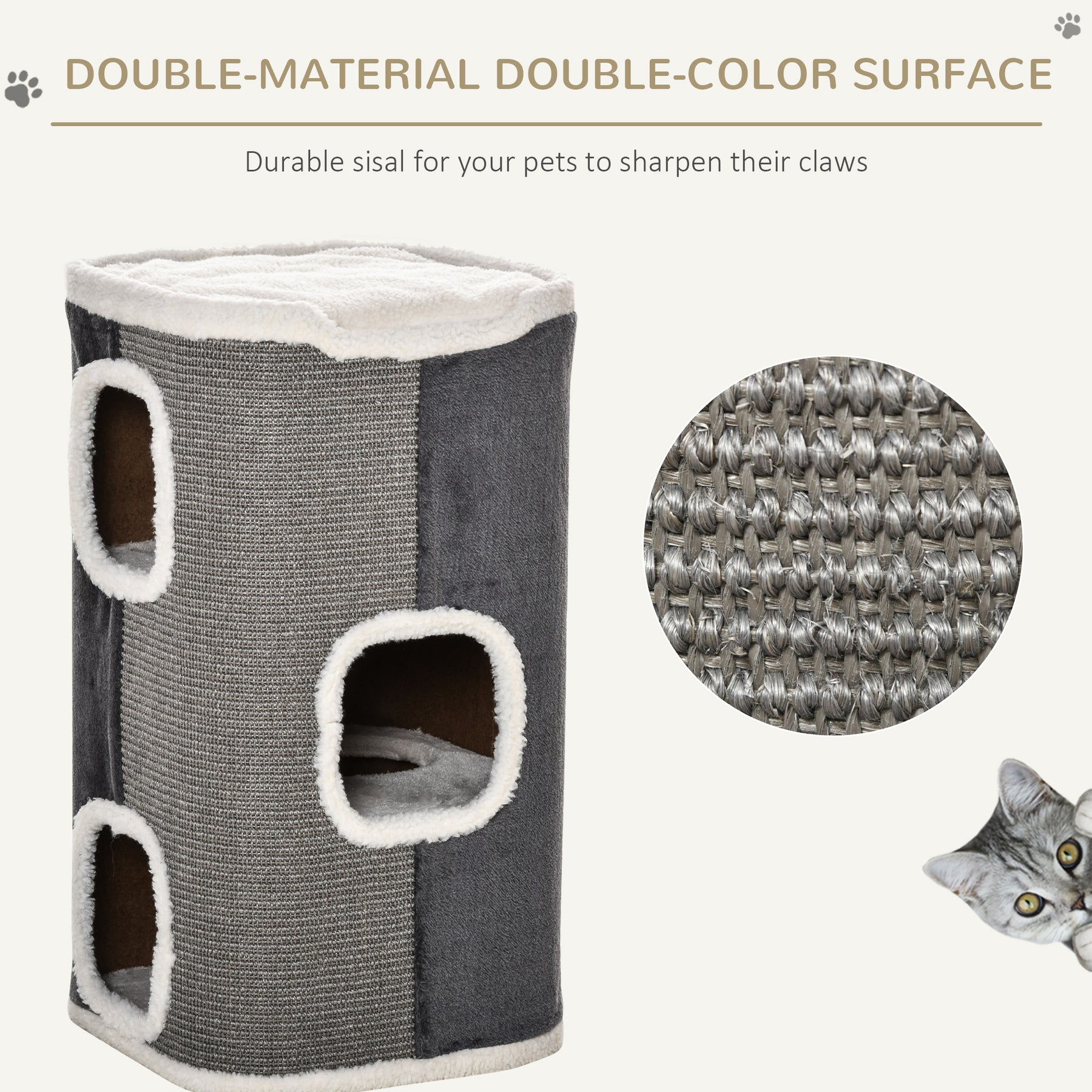 Cat Barrel Kitten Tree Tower Sisal Scratching Pet Furniture Climbing Frame Cozy Platform Soft Plush & Lamb Fleece Grey