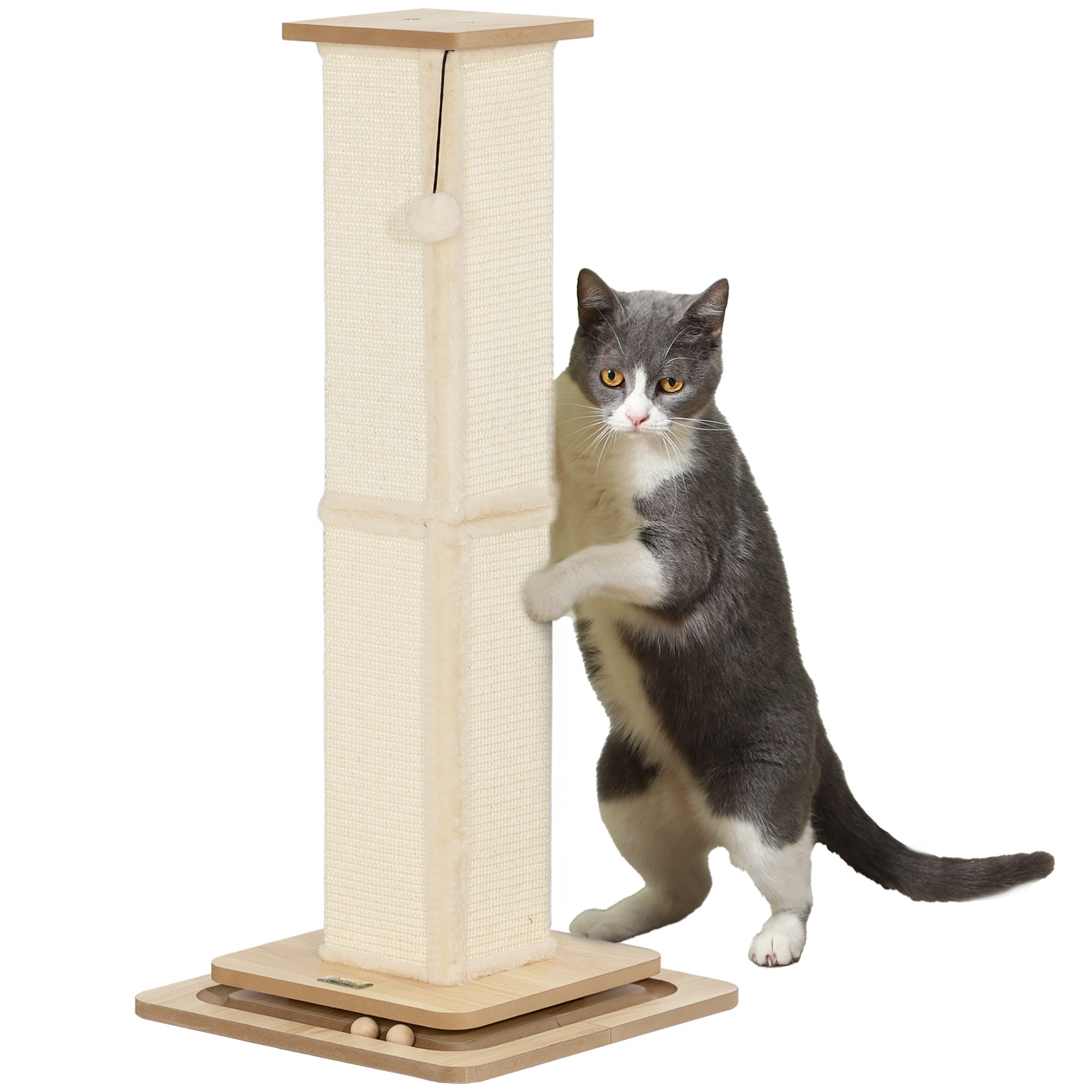 Scratching Post, 3 in 1 Cat Post with Sisal Post, Track Ball Toy, Self Grooming Brush, Hanging Toy Ball, Feather, Oak