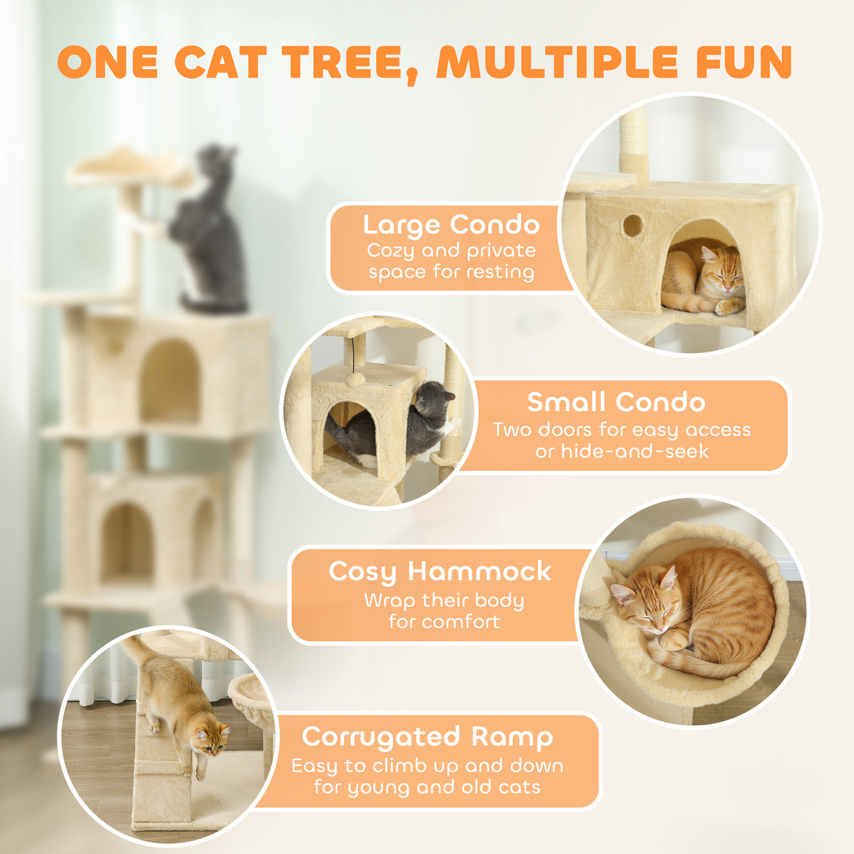 PawHut 160cm Large Cat Tree Tower with Sisal Scratching Posts, Condos, Plush Perches, Hammock, Ladder, Beige PawHut