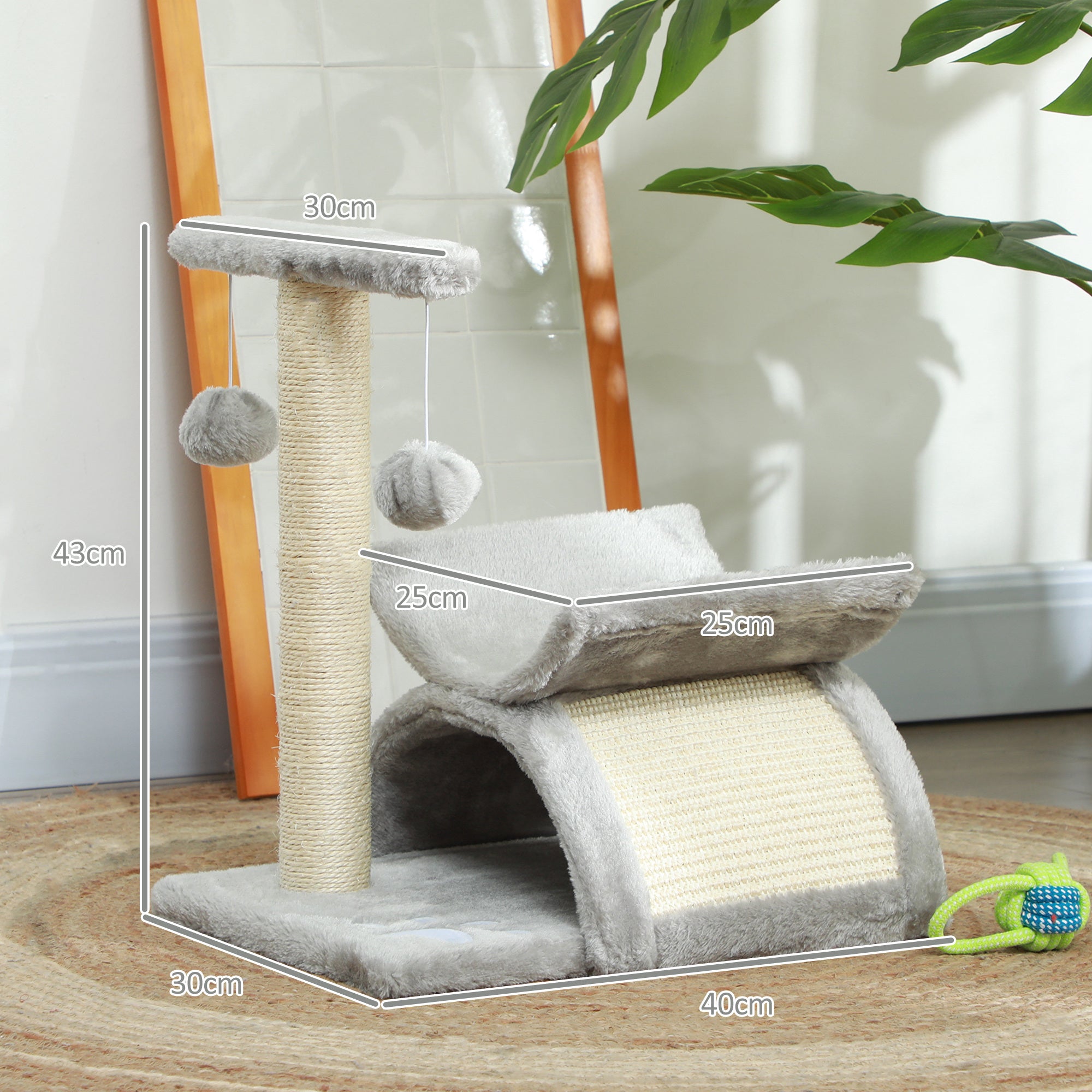 Kitten Activity Tree with Sisal Scratching Posts, Compact Cat Play Tower with Rotating Bar, Tunnel, Grey