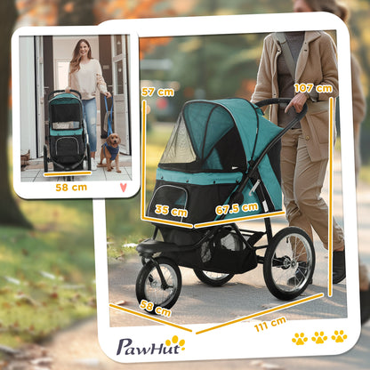 PawHut Foldable Pet Stroller Jogger, with Three Wheels, Canopy, for Medium and Small Dogs, Green PawHut