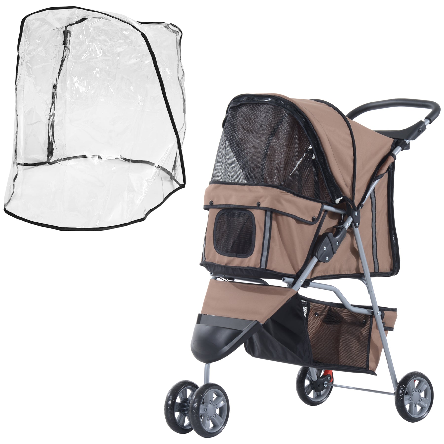 Lightweight Folding Dog Stroller with Cover, Cat and Dog Pushchair w/ Drink Holder, Storage Basket, Safety Features, Brown