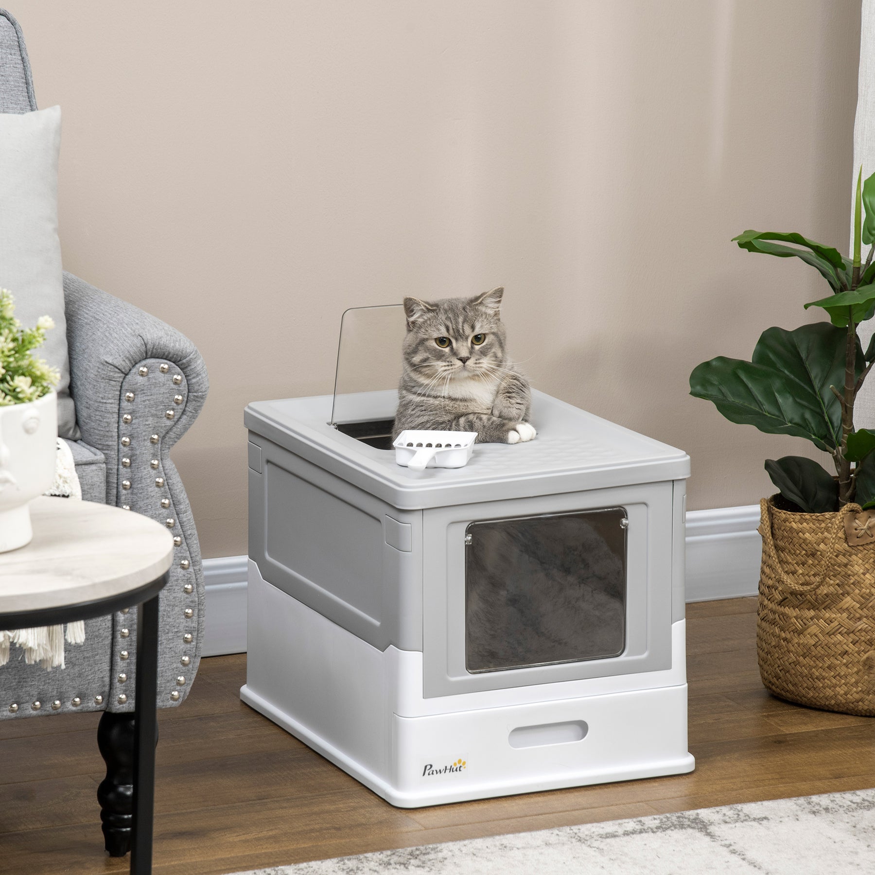 Hooded Cat Litter Box with Scoop, Front Entry Top Exit, Portable Pet Toilet, Large Space, Easy Assemble, Grey