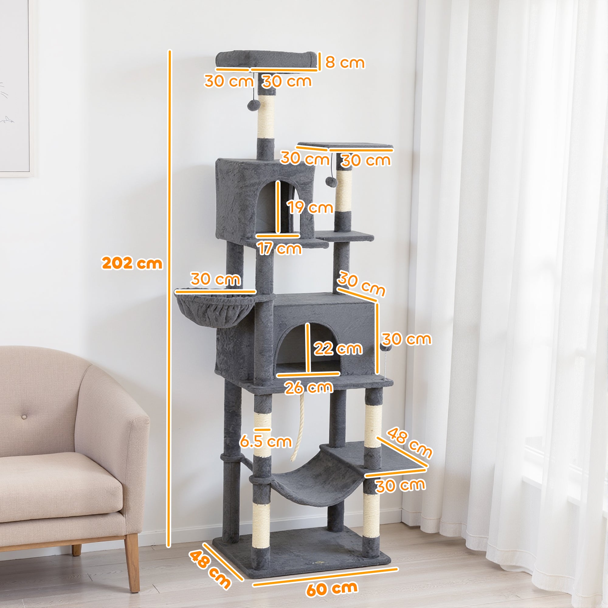 Large Cat Tree with 6 Scratching Posts, 2 Hammocks, 2 Condos, 2 Perches, Pompoms, for Indoor Cats to Rest and Play
