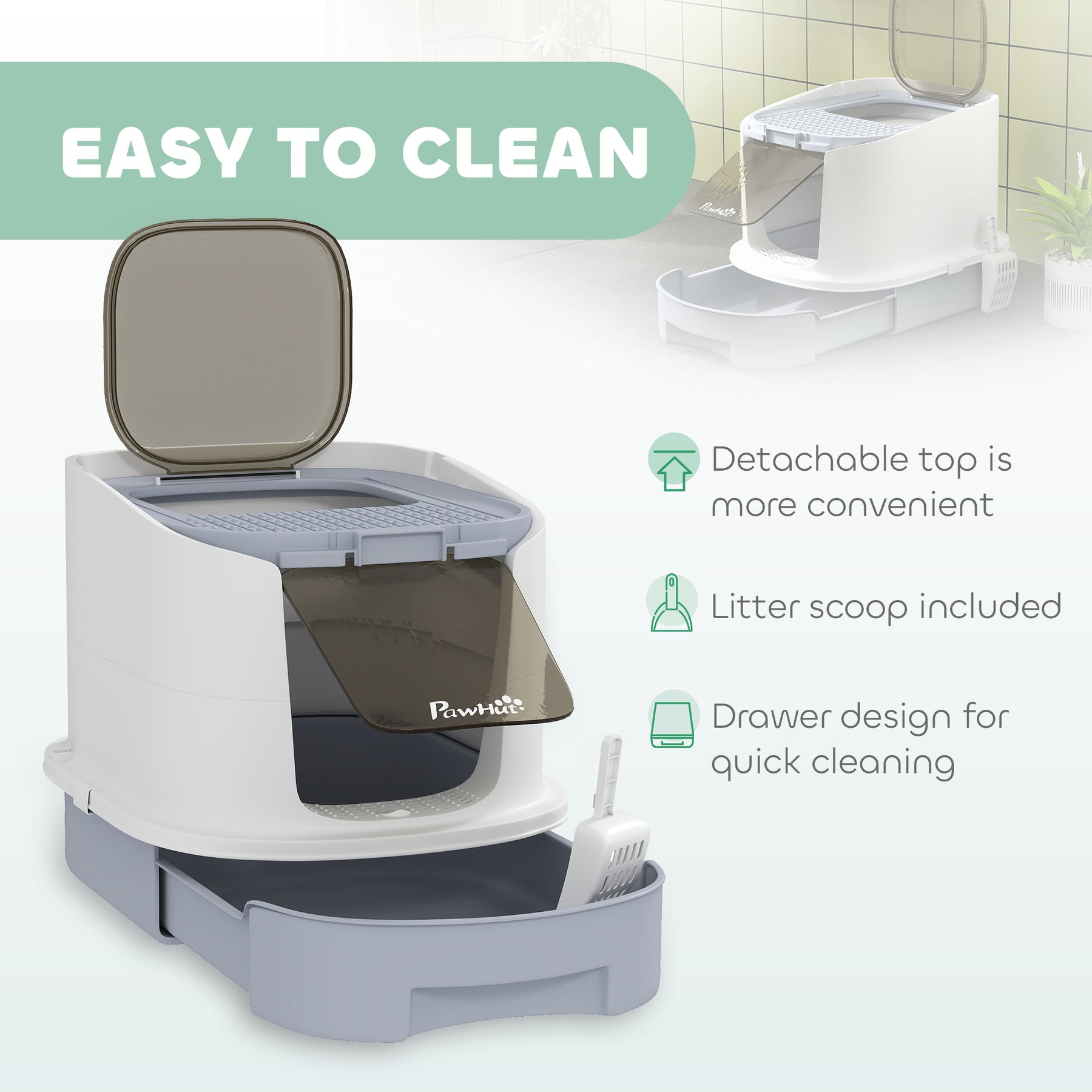 Cat Litter Box with Lid, Scoop, Deodorization Bags, Top Entry, Cat Toilet Easy Clean with Drawer Pan, Grey
