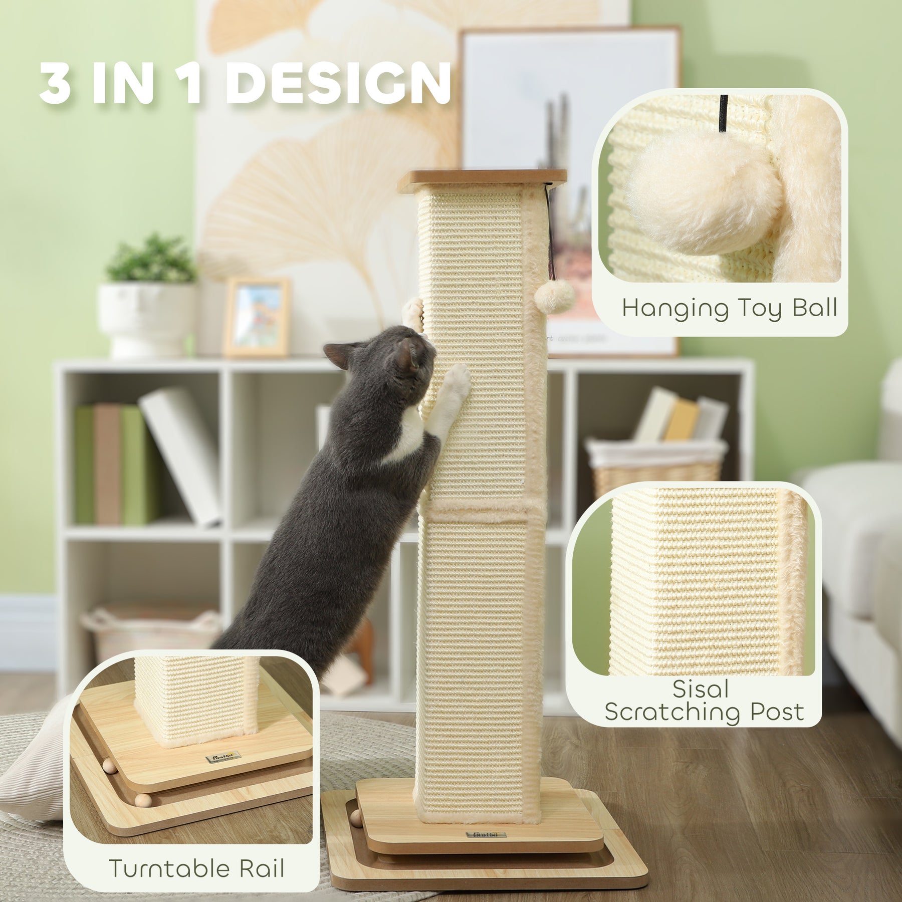 Scratching Post, 3 in 1 Cat Post with Sisal Post, Track Ball Toy, Self Grooming Brush, Hanging Toy Ball, Feather, Oak