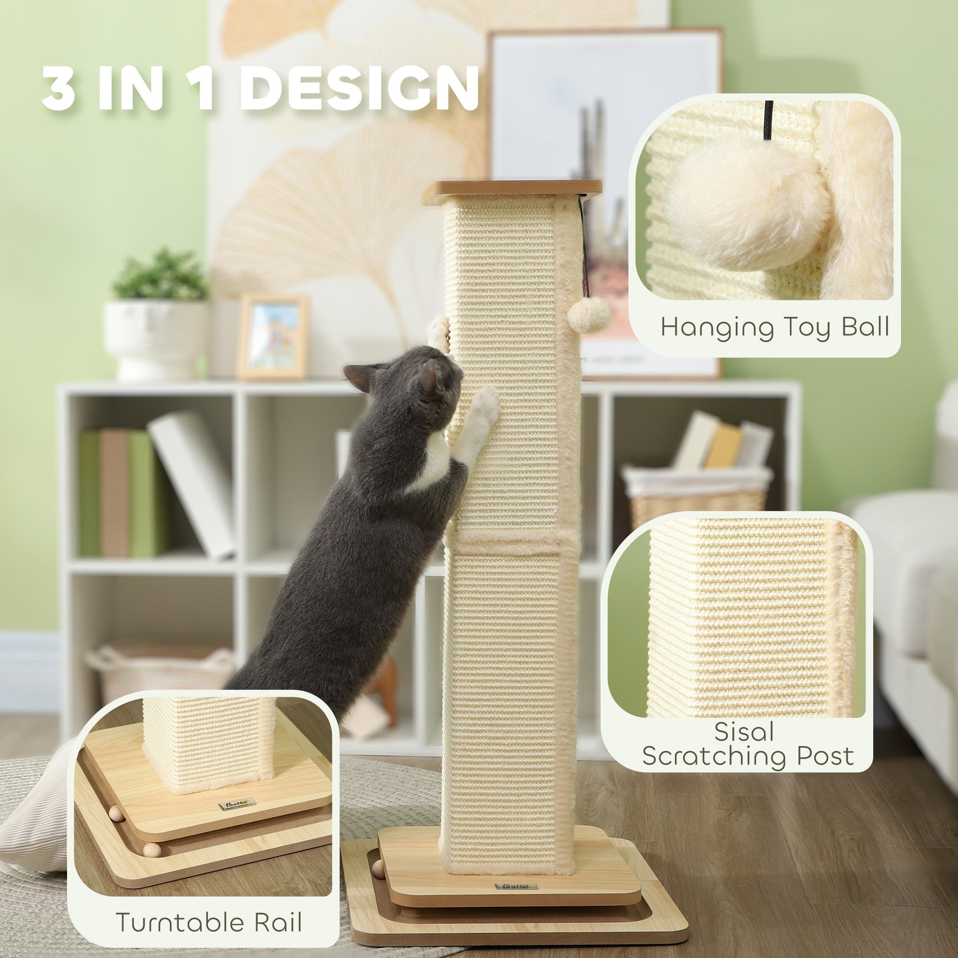 Scratching Post, 3 in 1 Cat Post with Sisal Post, Track Ball Toy, Self Grooming Brush, Hanging Toy Ball, Feather, Oak