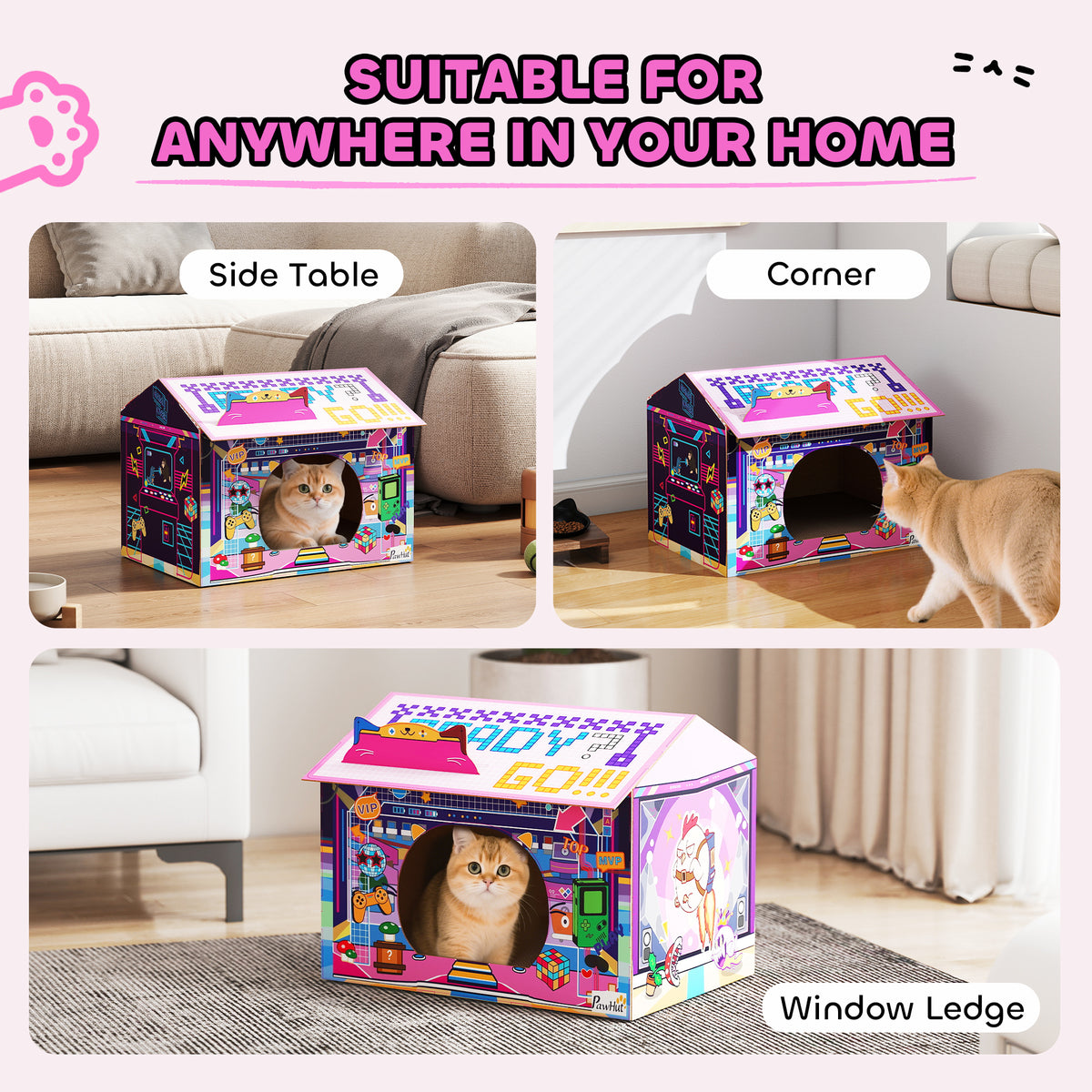 PawHut 2 in 1 Gaming Style Cardboard Cat House with Scratching Board & Catnip for Indoor Cats, Pink PawHut