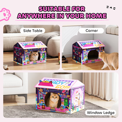 PawHut 2 in 1 Gaming Style Cardboard Cat House with Scratching Board & Catnip for Indoor Cats, Pink PawHut