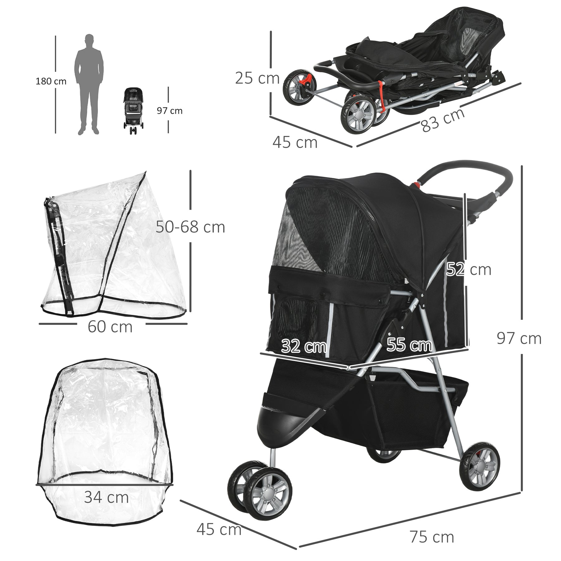 Pet Travel Stroller with Rain Cover, 3 Wheels Foldable Cat Dog Pushchair with Storage Basket and Cupholder, Black