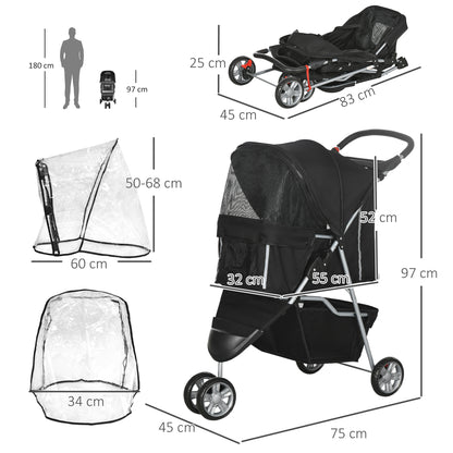 Pet Travel Stroller With Rain Cover 3 Wheels Foldable Cat Aosom UK