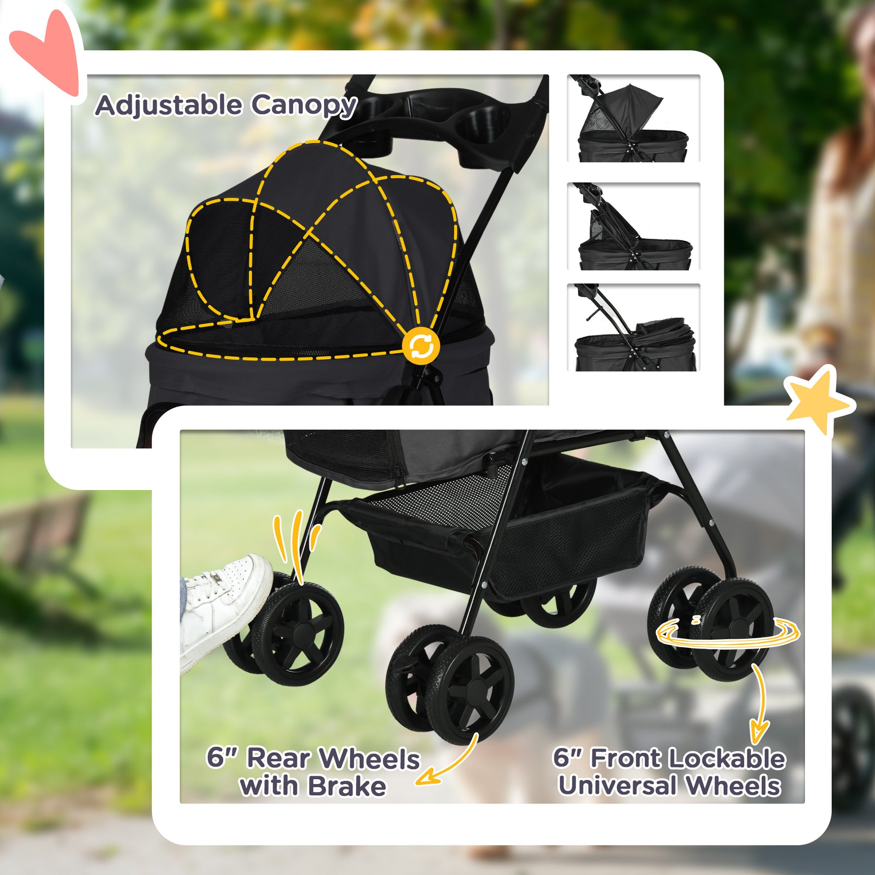 Pet Stroller, Foldable Cat Dog Pushchair, Pet Travel Carriage with 4 Wheels, Adjustable Canopy, for Small Dogs, Black