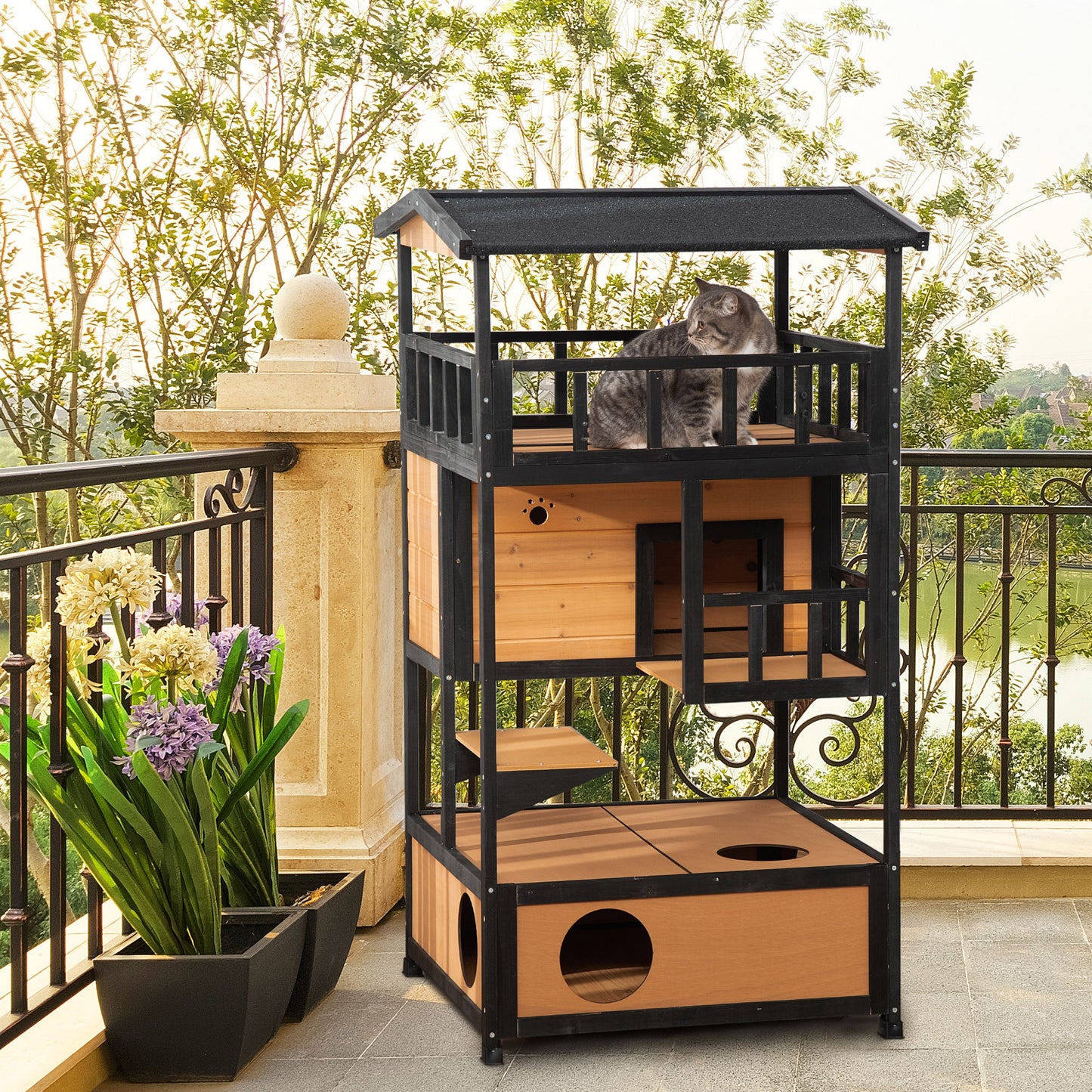 Wooden Cat House 3 Tier For Winter Kitten Shelter Lodge W Aosom UK