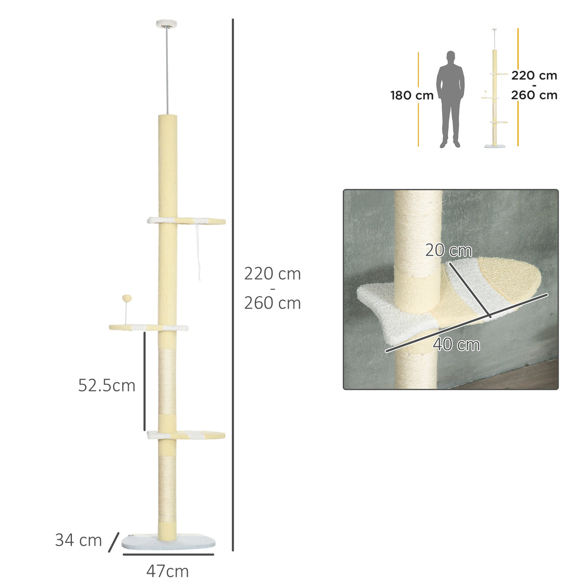 PawHut Floor to Ceiling Cat Tree with House, Hammock & Perches – Adjustable 225–255cm Cat Tower Floor to Ceiling Cat Tree PawHut