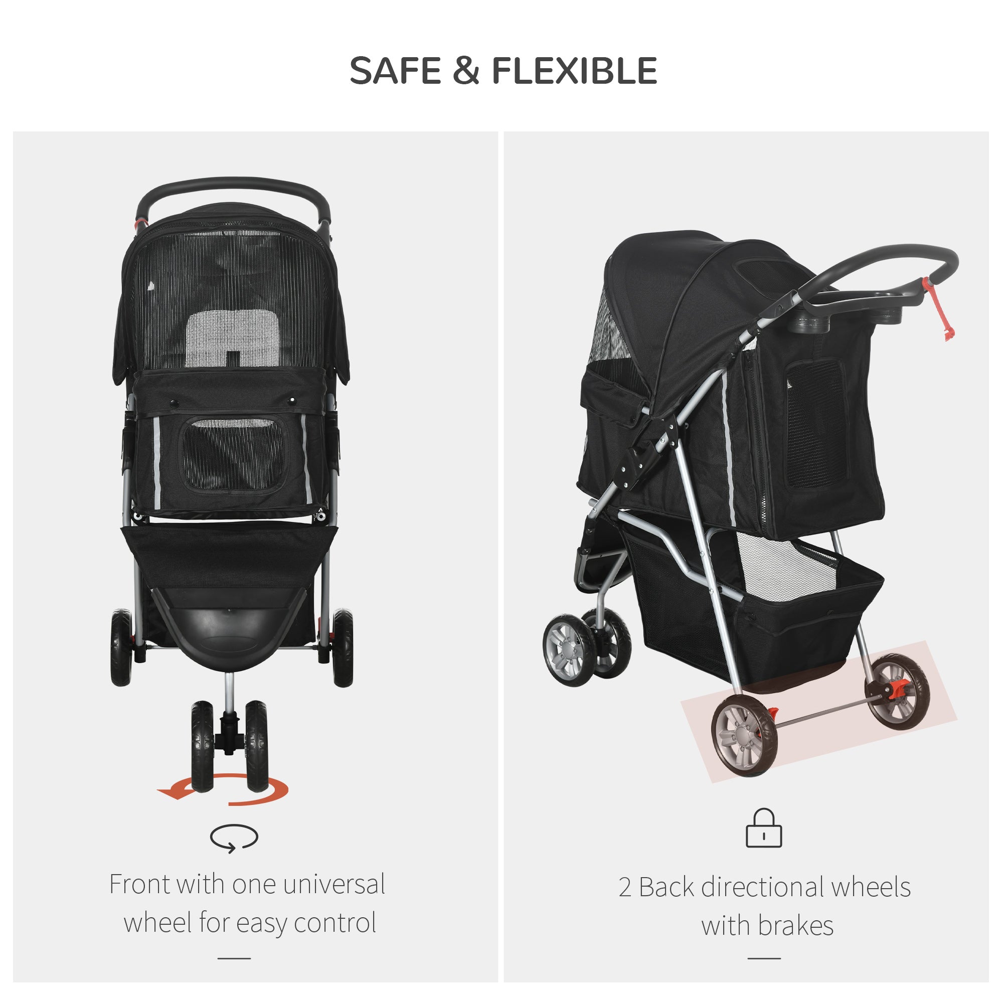 Pet Travel Stroller with Rain Cover, 3 Wheels Foldable Cat Dog Pushchair with Storage Basket and Cupholder, Black