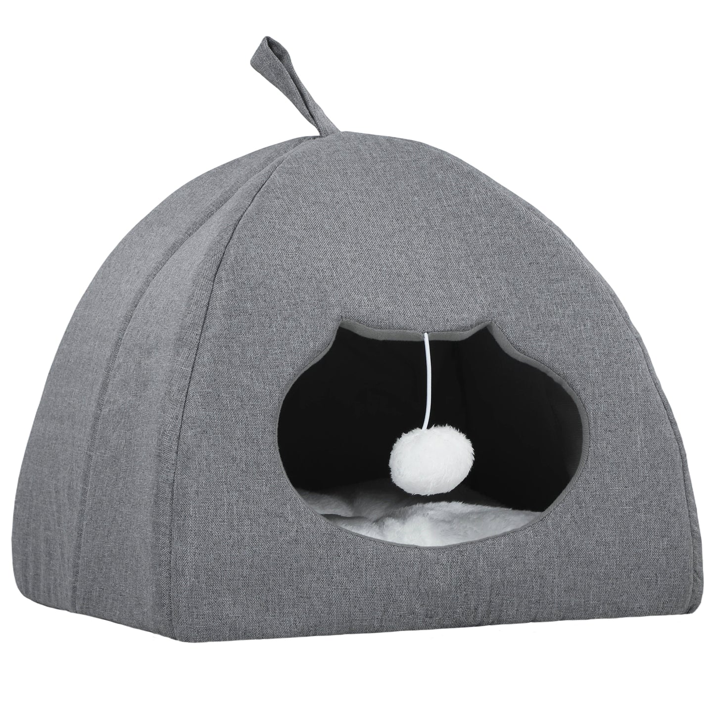 Cat Cave Bed for Indoor Kittens, Cat House with Removable Cushion and Teaser Ball, Kitty Igloo with Anti-Slip Base, Grey