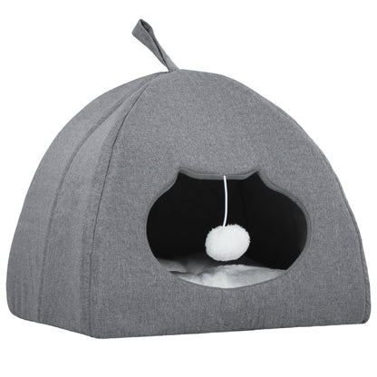 Cat Cave Bed for Indoor Kittens, Cat House with Removable Cushion and Teaser Ball, Kitty Igloo with Anti-Slip Base, Grey