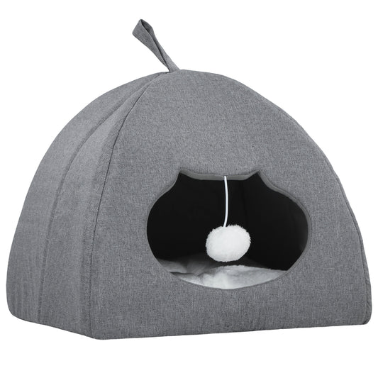 Cat Cave Bed for Indoor Kittens, Cat House with Removable Cushion and Teaser Ball, Kitty Igloo with Anti-Slip Base, Grey