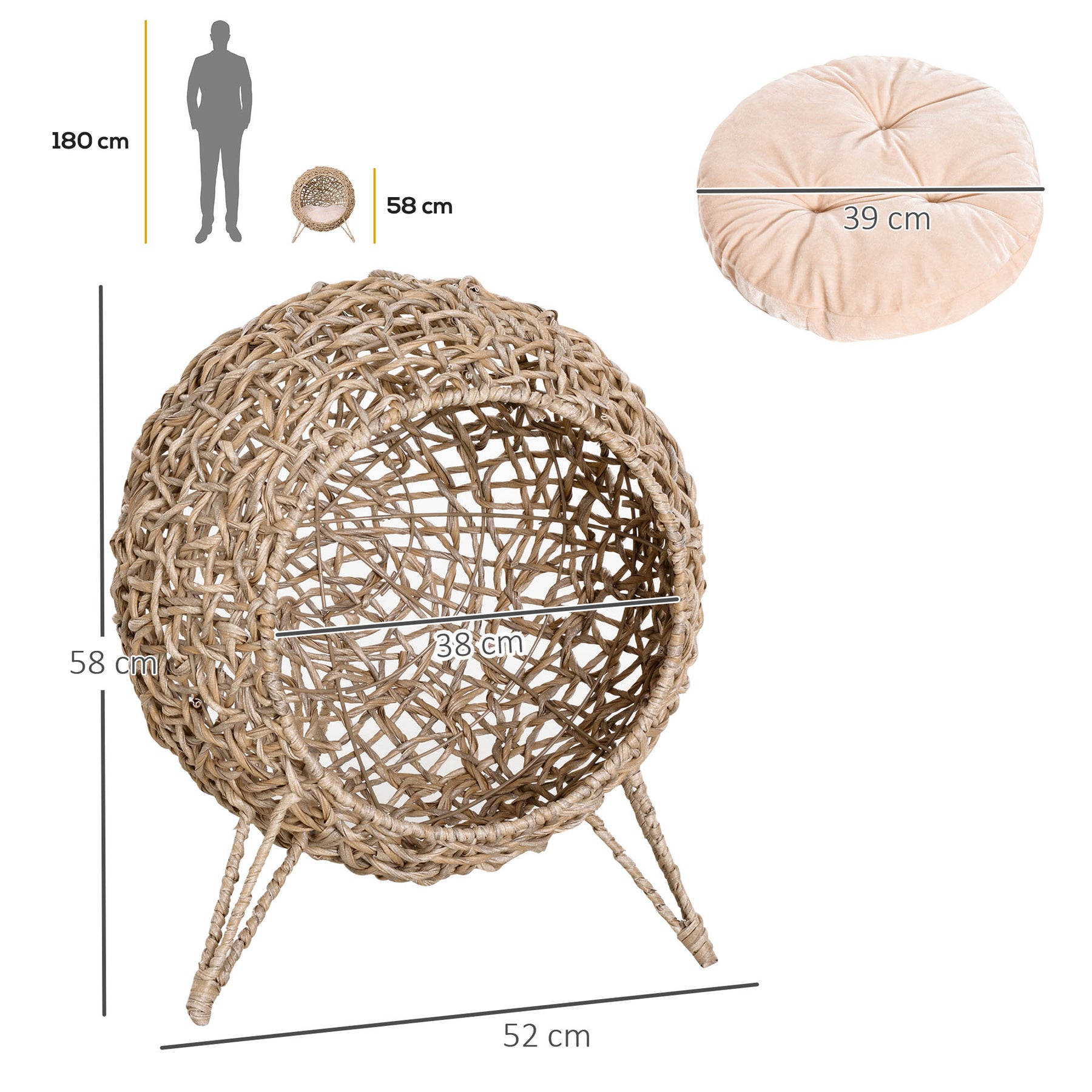 Cat Hammock Rattan Cat House Ball-Shaped Cat Bed with Hand-Woven PE, Cushion & Three-Legged Base, Natural Wood Finish