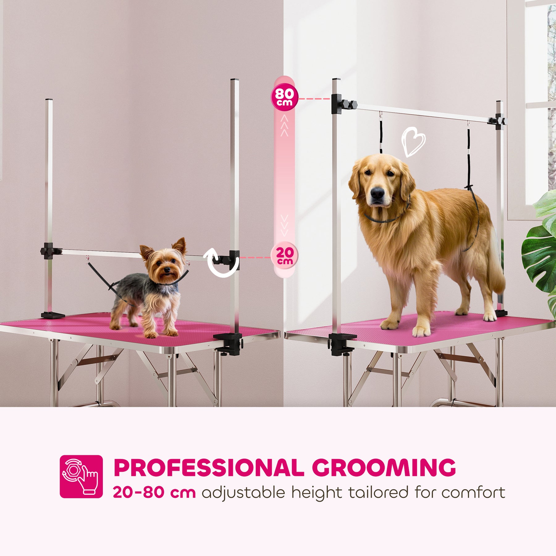 Dog Grooming Table, Adjustable Pet Cat Drying Beauty Table with 2 Loops Storage Basket, Rubber Top, Pink