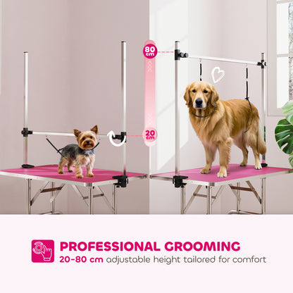 PawHut 42" Dog Grooming Table, Adjustable Pet Cat Drying Beauty Table with 2 Loops Storage Basket, Rubber Top, Pink PawHut