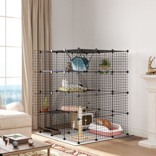 PawHut Steel Wire Cat Cage Indoor with Hammock, Ramps, Doors, DIY Cat Enclosure for 1-3 Cats, Black PawHut Default Title