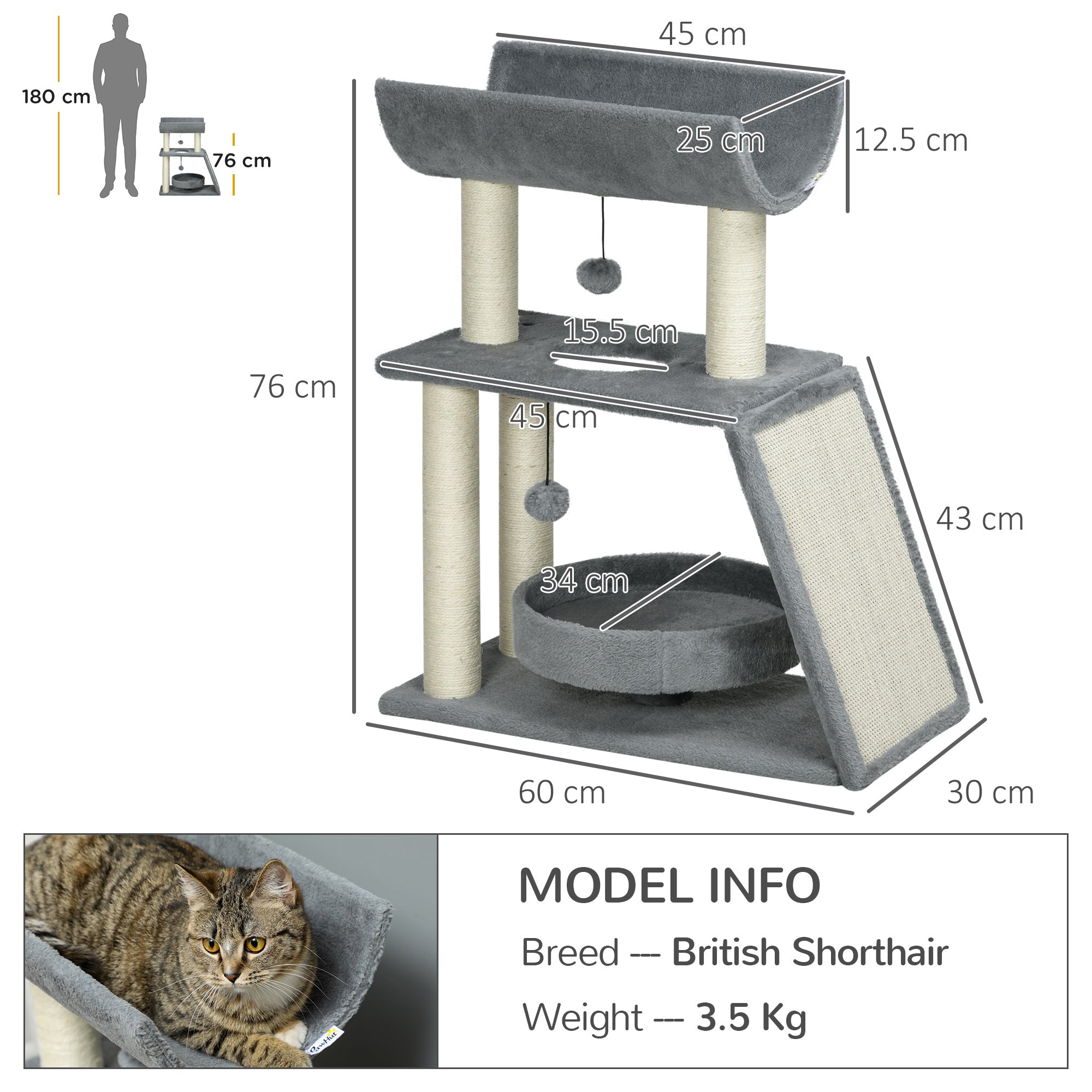 Cat Tree Tower: Scratching Posts, Cosy Bed & Perch, Interactive Ball Toy for Feline Fun, Light Grey