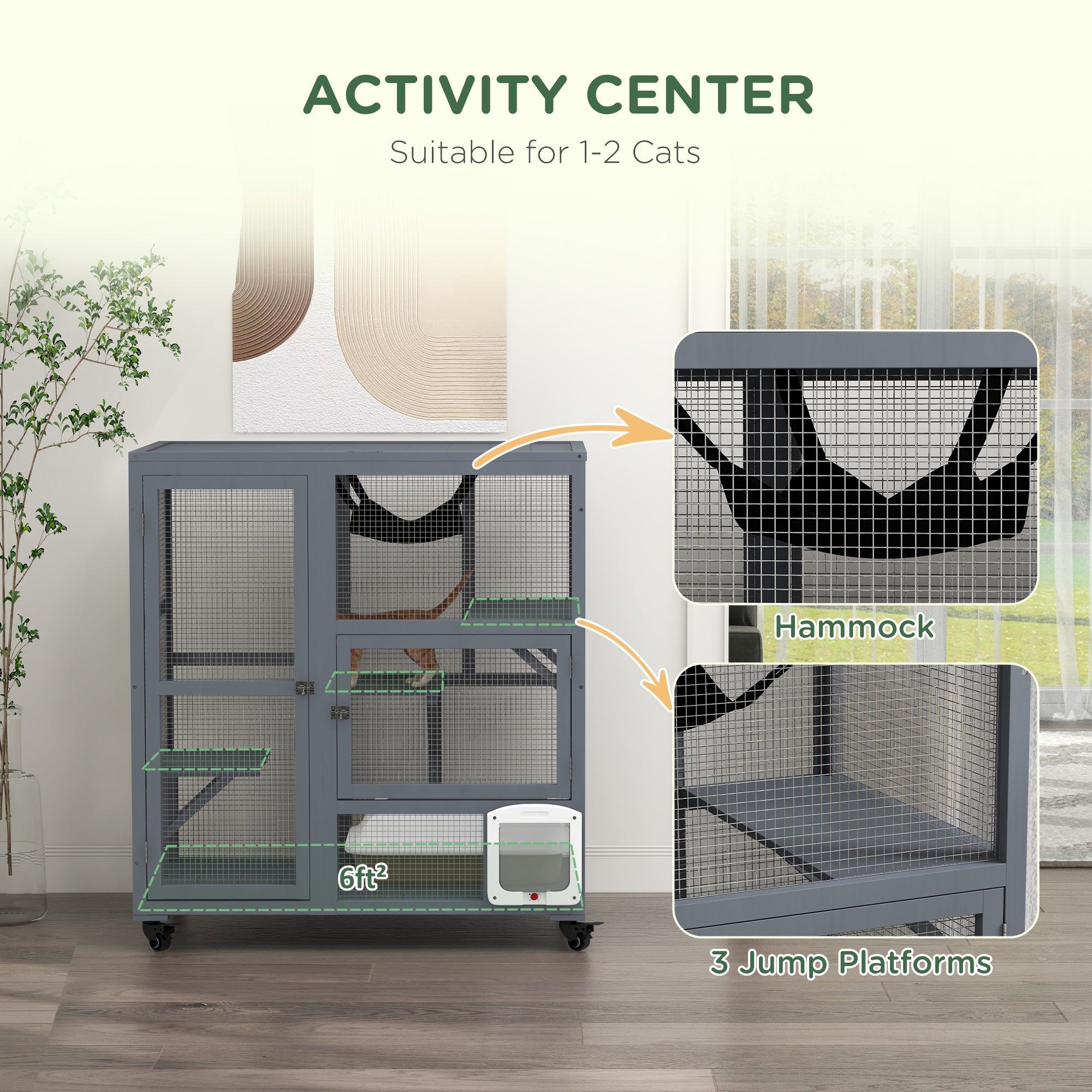 Cat Cage House, Catio Cat Outdoor Enclosure on Wheels, Weather-Resistant Wooden Kitty Cage with Platforms, Hammock, Light Grey