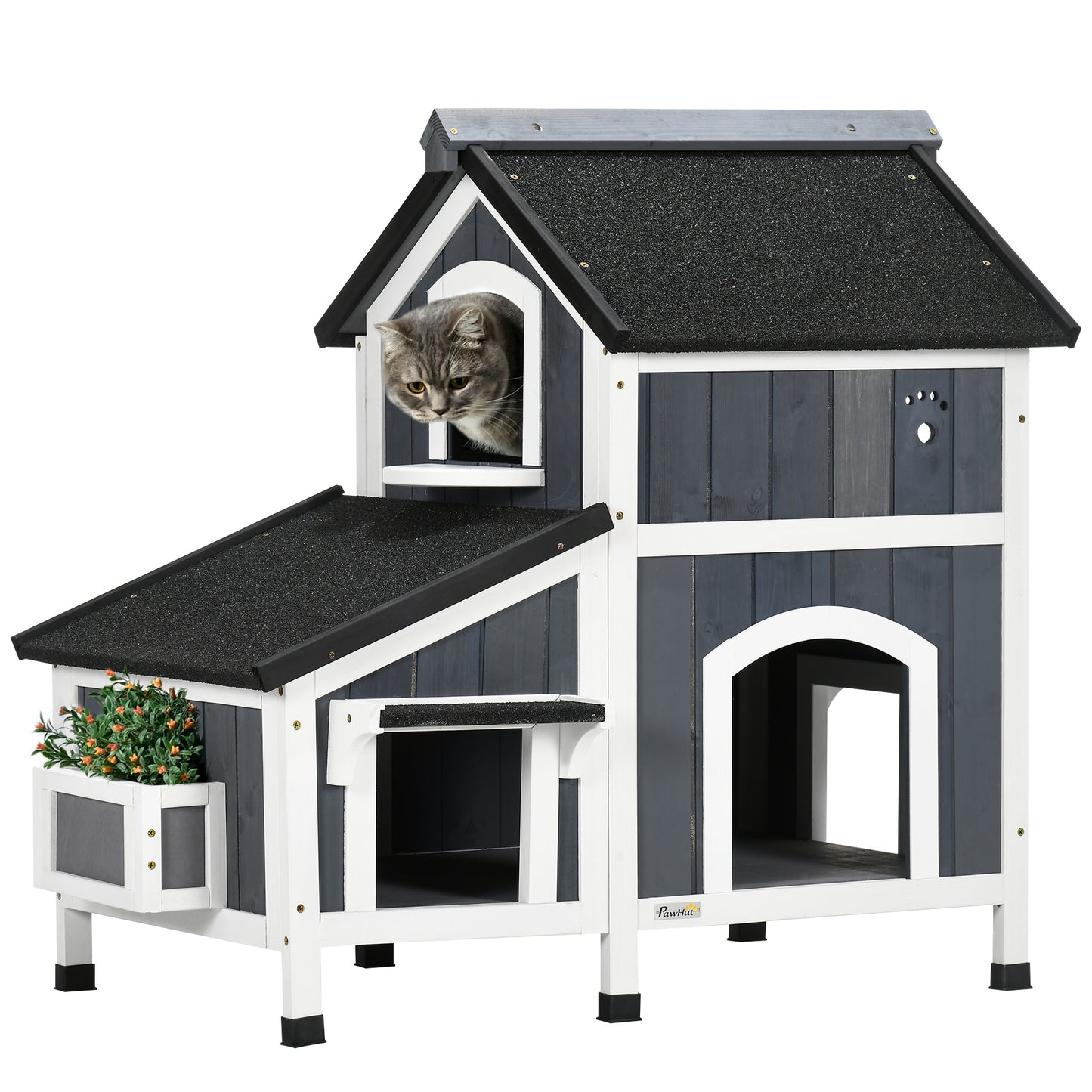 Wooden Cat House Outdoor With Flower Pot 2 Tiers Shelter Aosom UK Default Title
